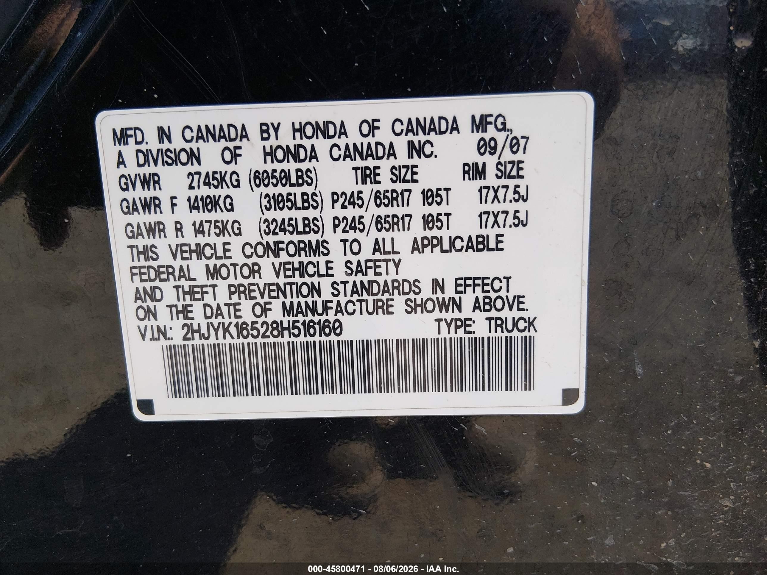 2008 Honda Ridgeline Rtl Black vin: 2HJYK16528H516160