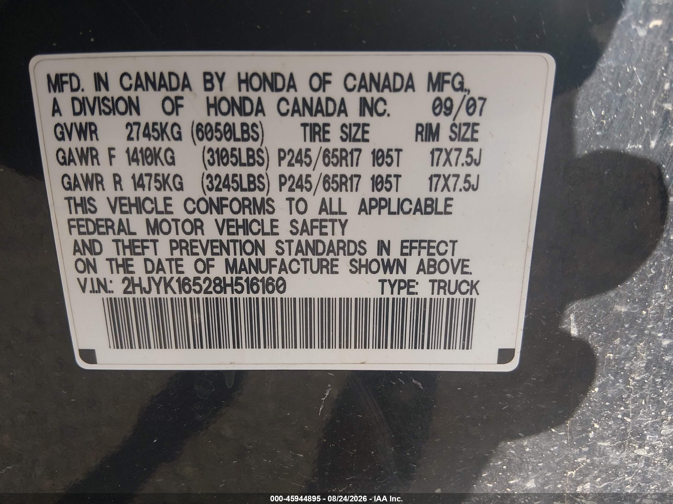 2008 Honda Ridgeline Rtl Черный vin: 2HJYK16528H516160