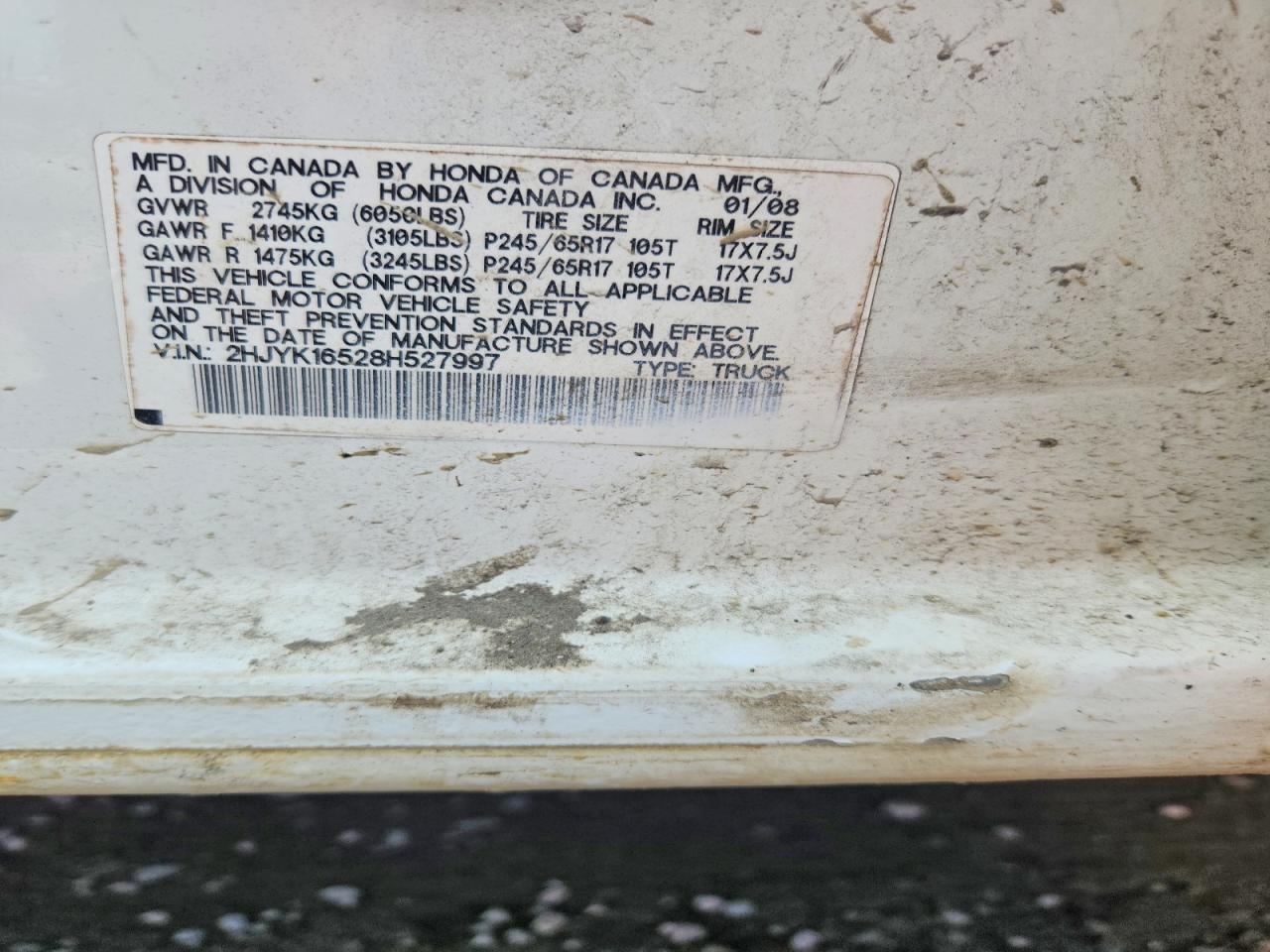 2008 Honda Ridgeline Rtl White vin: 2HJYK16528H527997