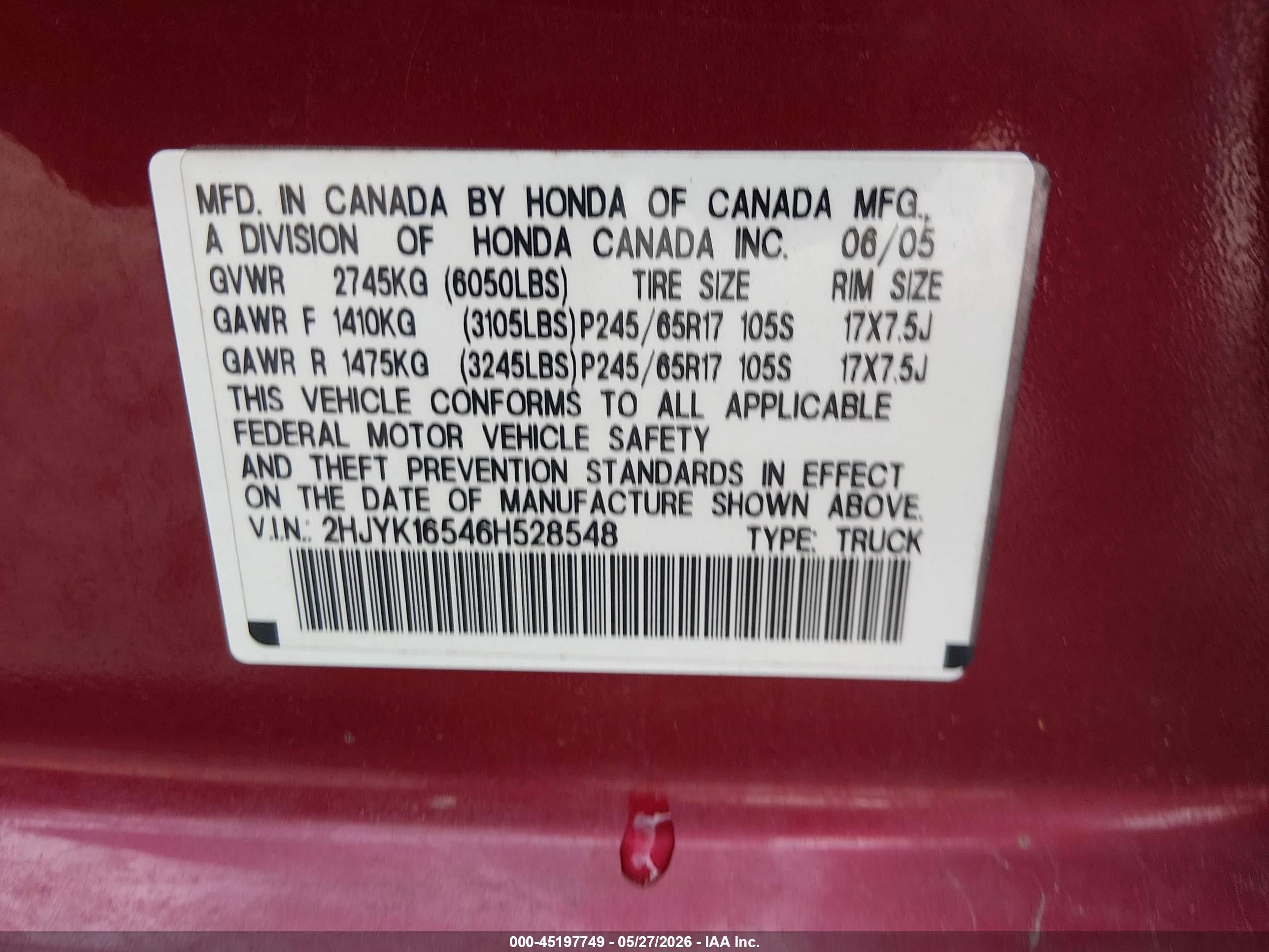 2006 Honda Ridgeline Rtl Maroon vin: 2HJYK16546H528548