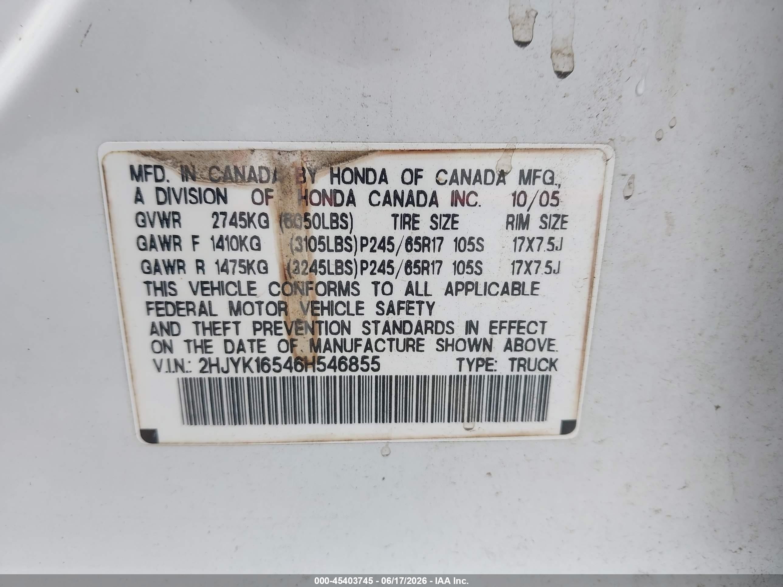 2006 Honda Ridgeline Rtl White vin: 2HJYK16546H546855
