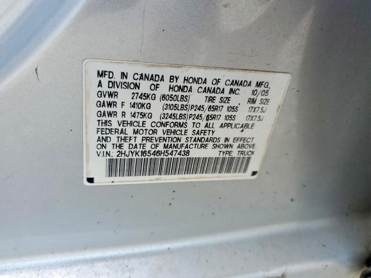 2006 Honda Ridgeline Rtl Silver vin: 2HJYK16546H547438