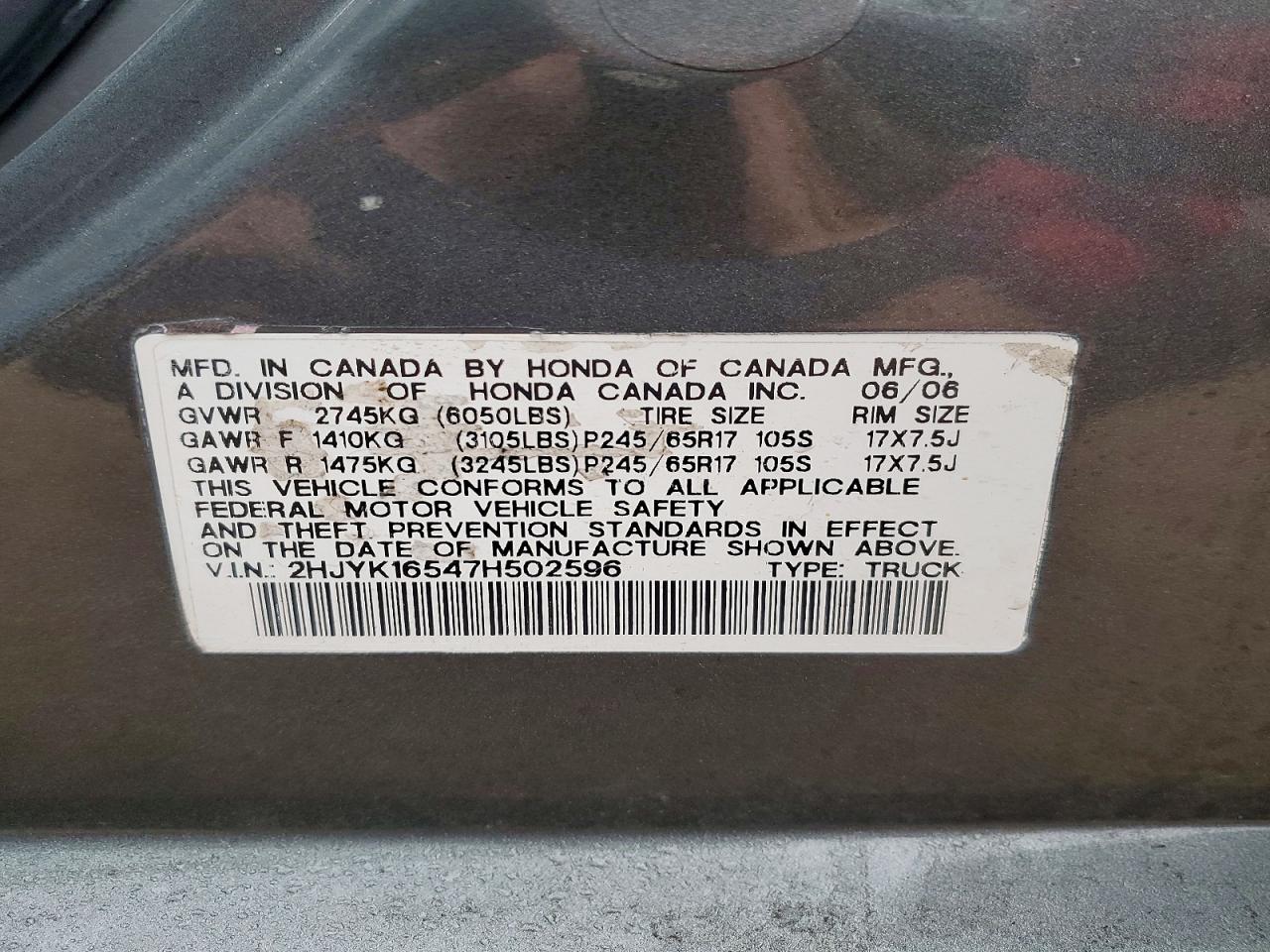 2007 Honda Ridgeline Rtl Gray vin: 2HJYK16547H502596