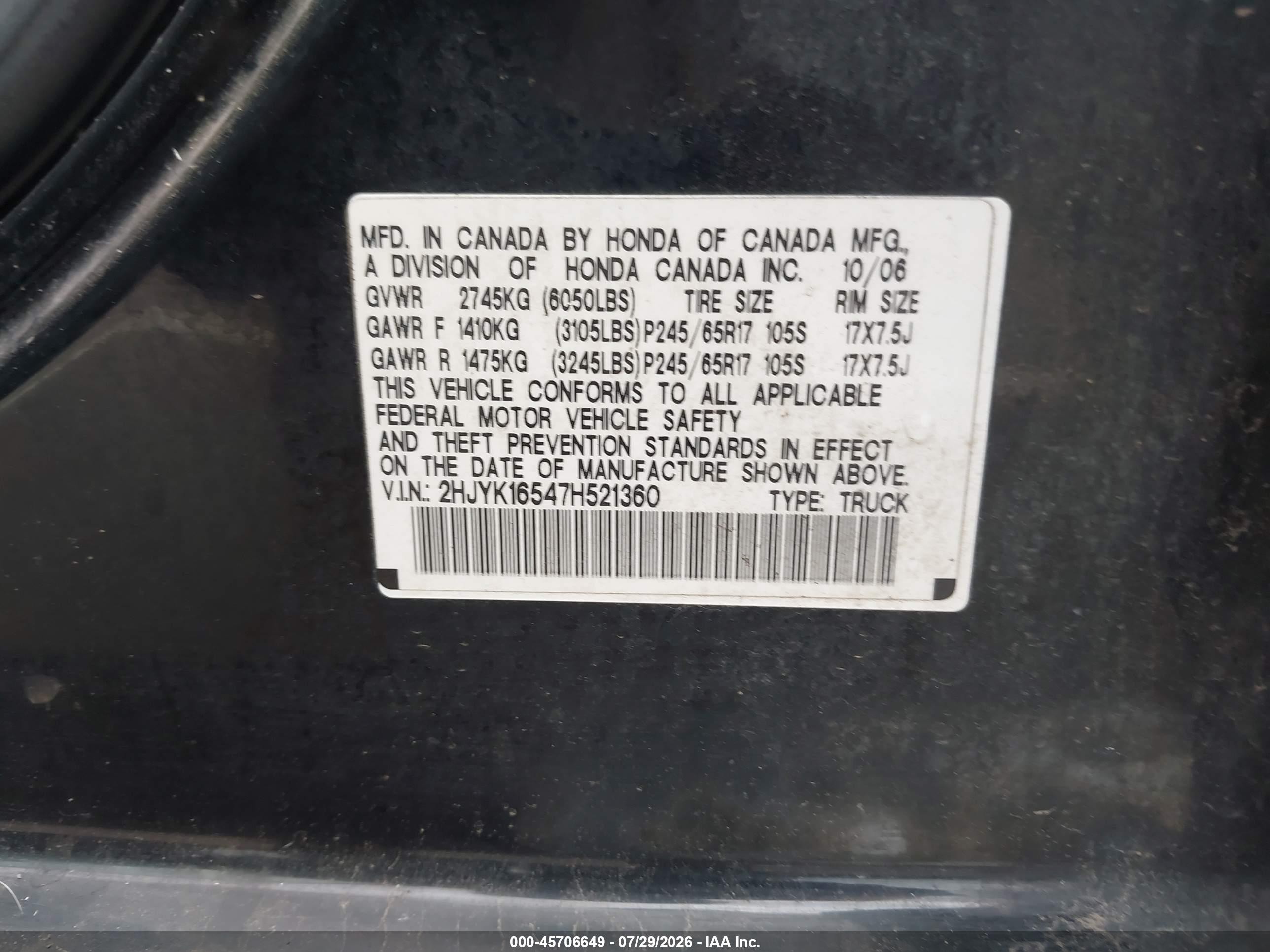 2007 Honda Ridgeline Rtl Black vin: 2HJYK16547H521360