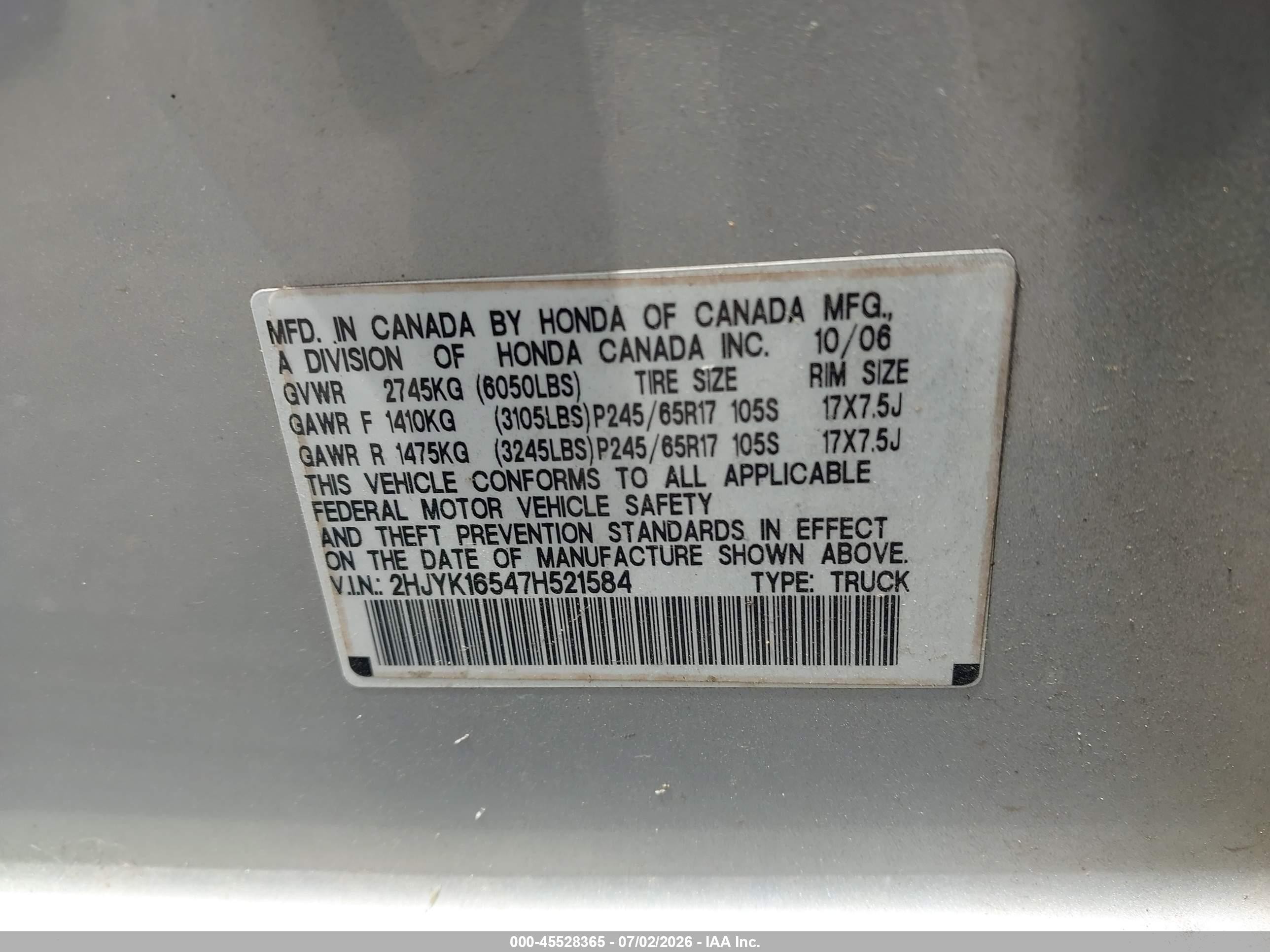 2007 Honda Ridgeline Rtl Silver vin: 2HJYK16547H521584
