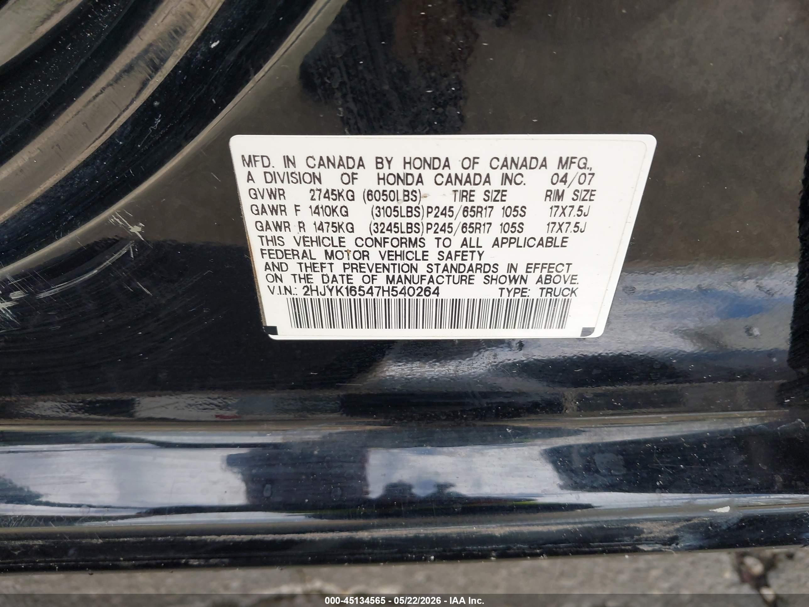 2007 Honda Ridgeline Rtl Black vin: 2HJYK16547H540264