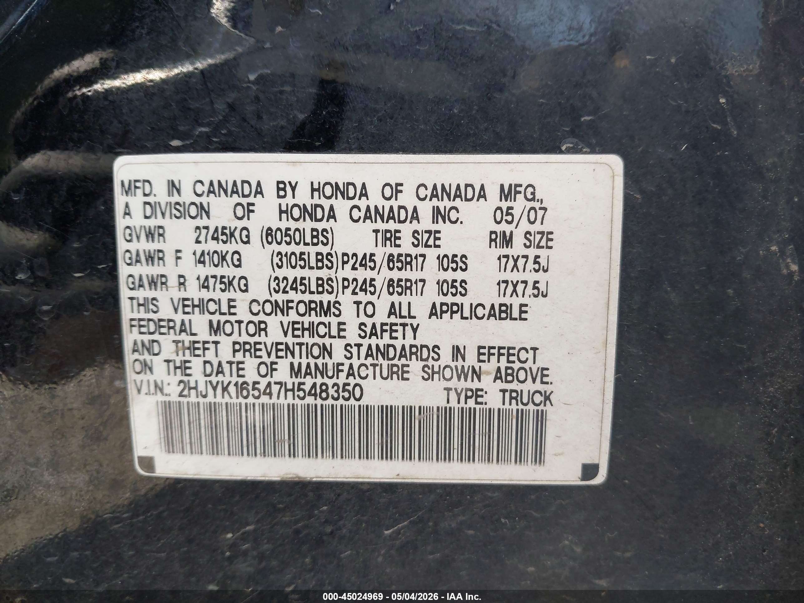 2007 Honda Ridgeline Rtl Black vin: 2HJYK16547H548350
