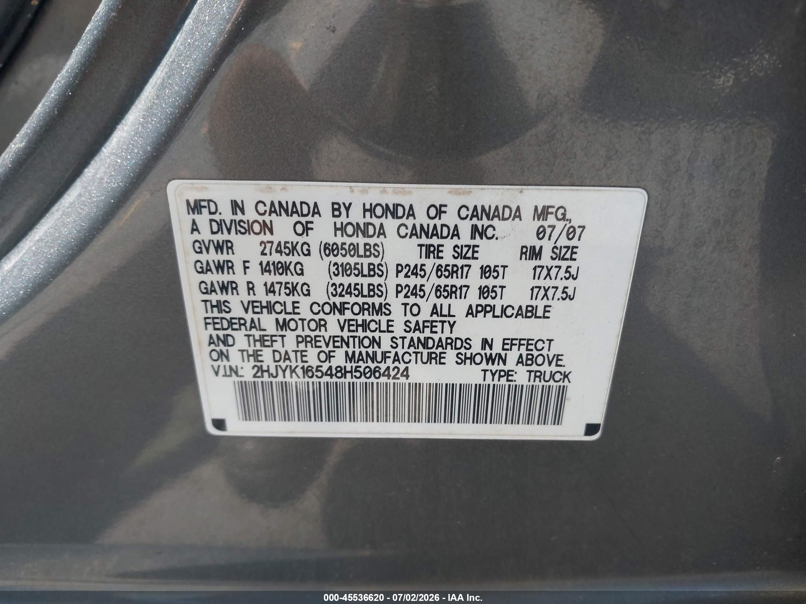 2008 Honda Ridgeline Rtl Gray vin: 2HJYK16548H506424