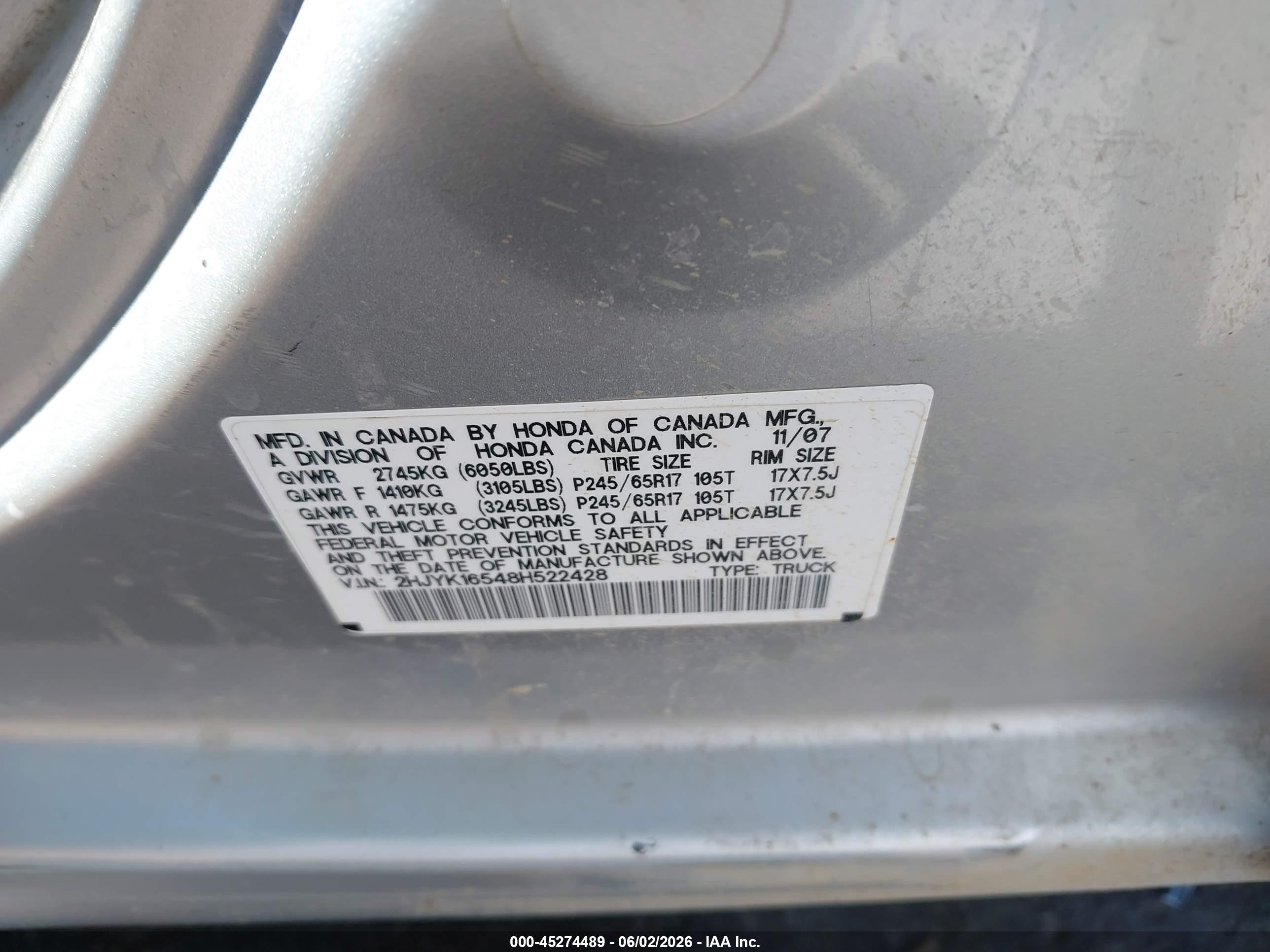 2008 Honda Ridgeline Rtl Silver vin: 2HJYK16548H522428