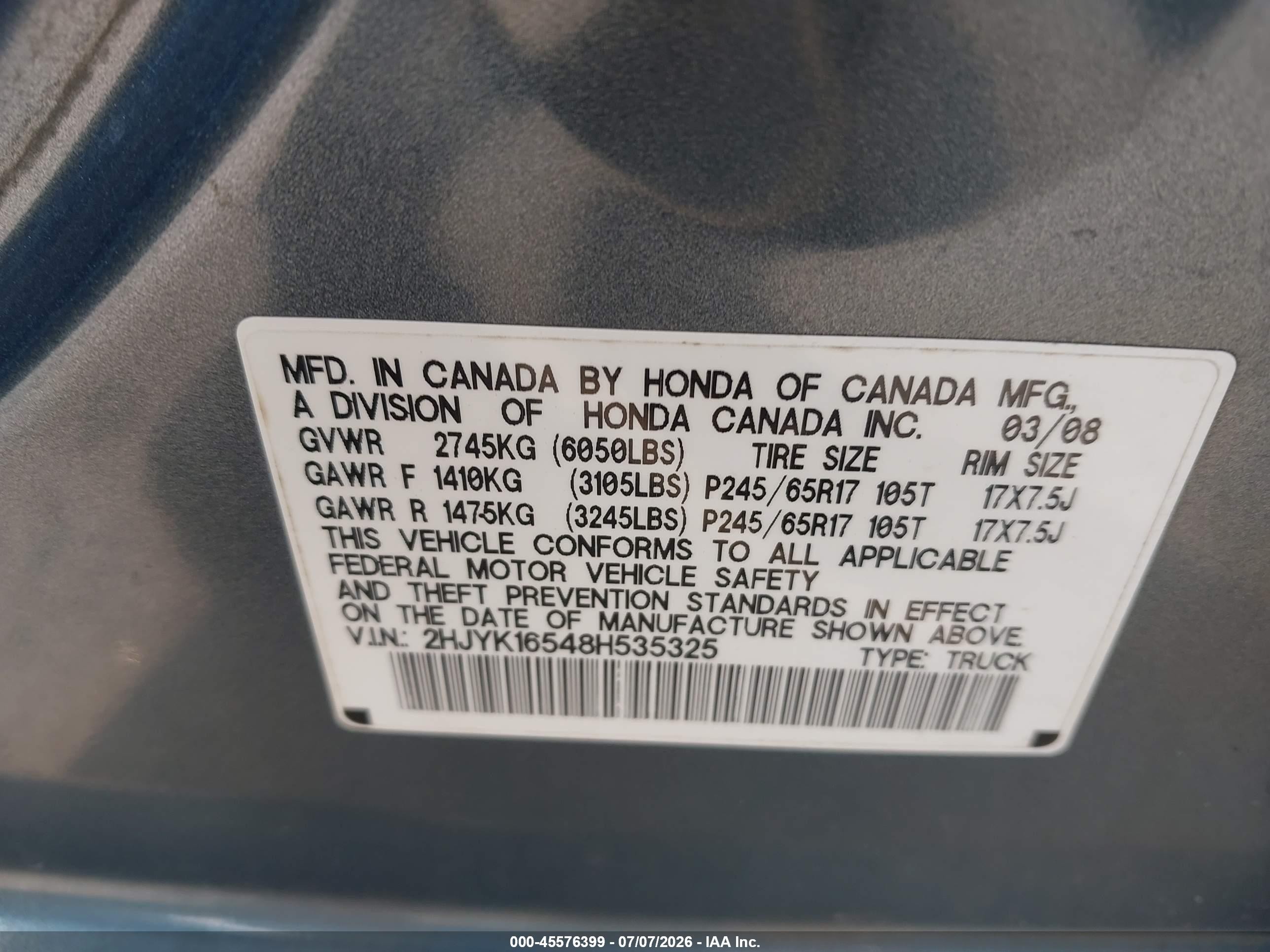 2008 Honda Ridgeline Rtl Light Blue vin: 2HJYK16548H535325