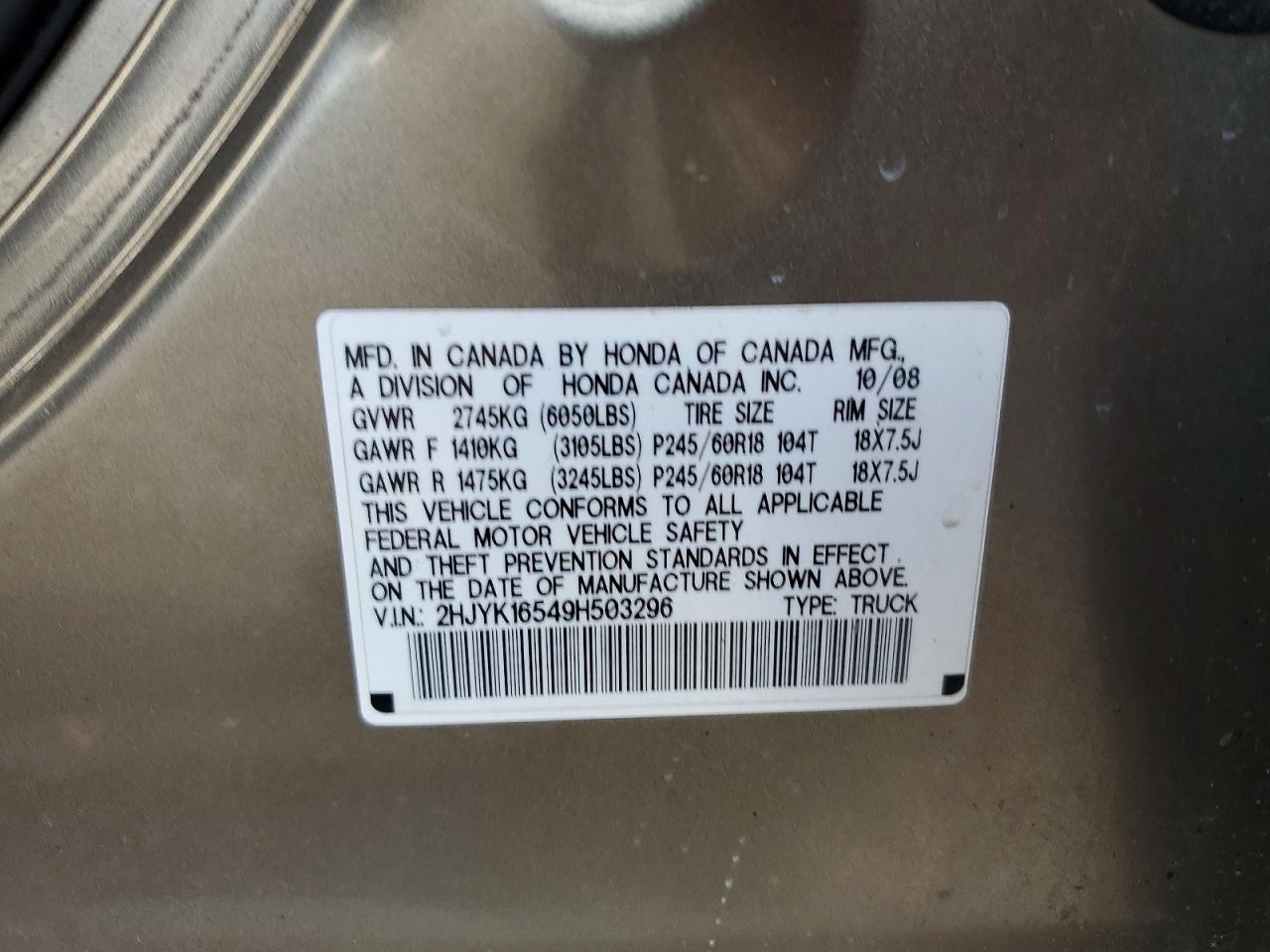 2009 Honda Ridgeline Rtl Gold vin: 2HJYK16549H503296