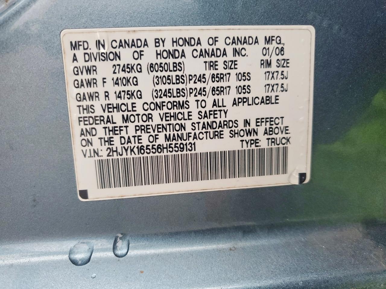2006 Honda Ridgeline Rtl Blue vin: 2HJYK16556H559131