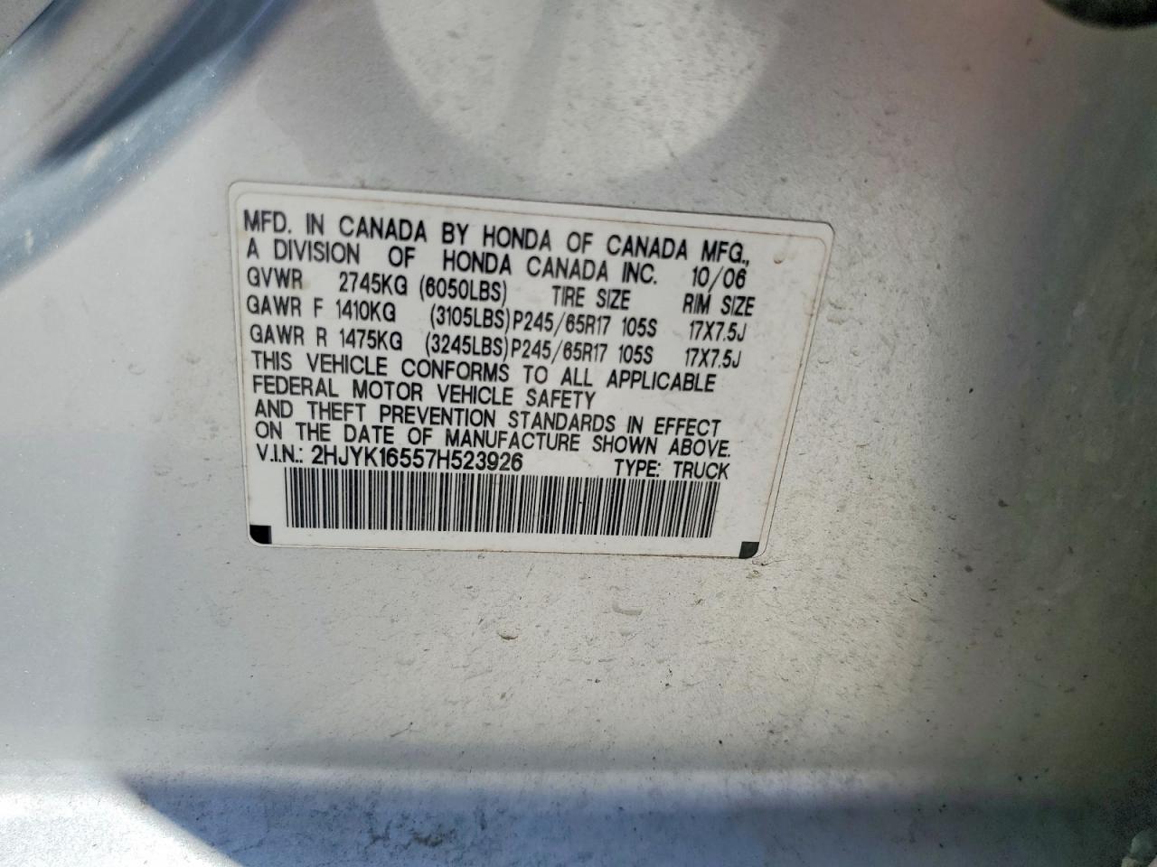 2007 Honda Ridgeline Rtl Silver vin: 2HJYK16557H523926