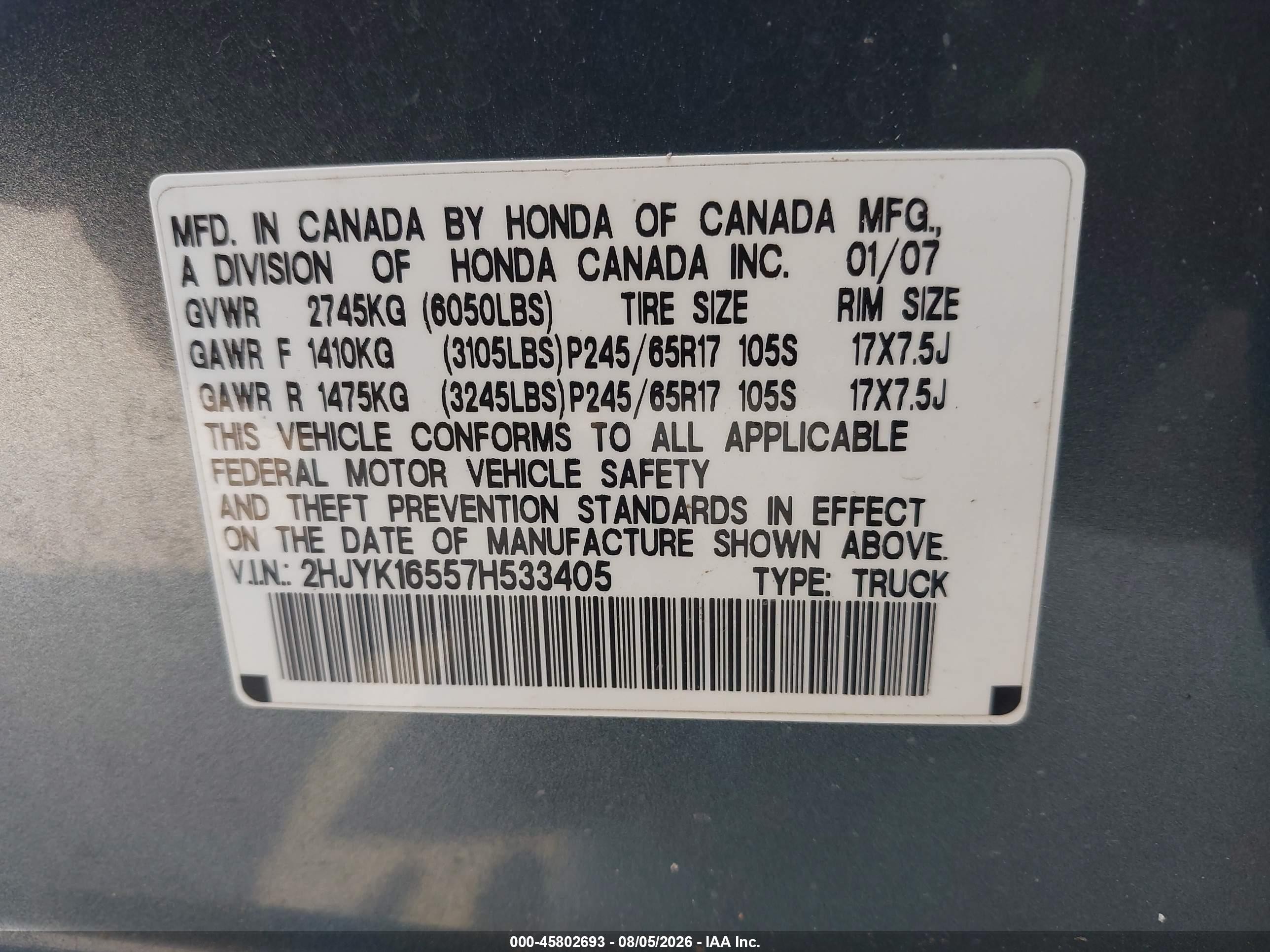 2007 Honda Ridgeline Rtl Teal vin: 2HJYK16557H533405
