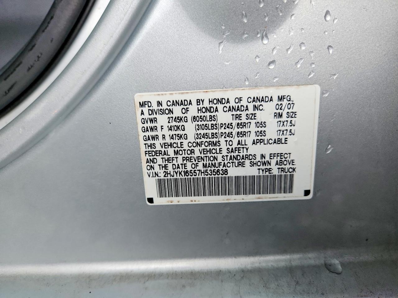 2007 Honda Ridgeline Rtl Silver vin: 2HJYK16557H535638