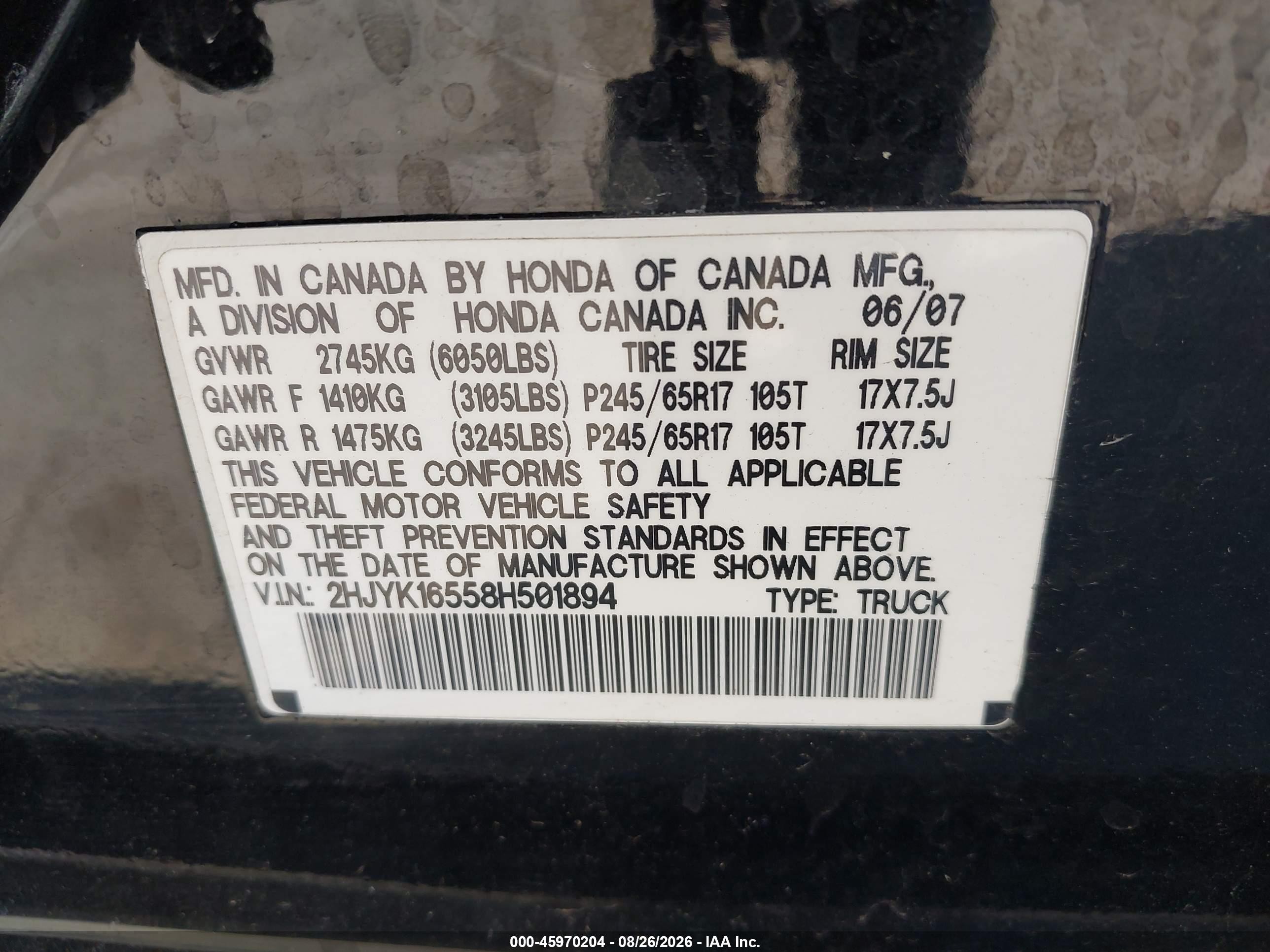2008 Honda Ridgeline Rtl Черный vin: 2HJYK16558H501894