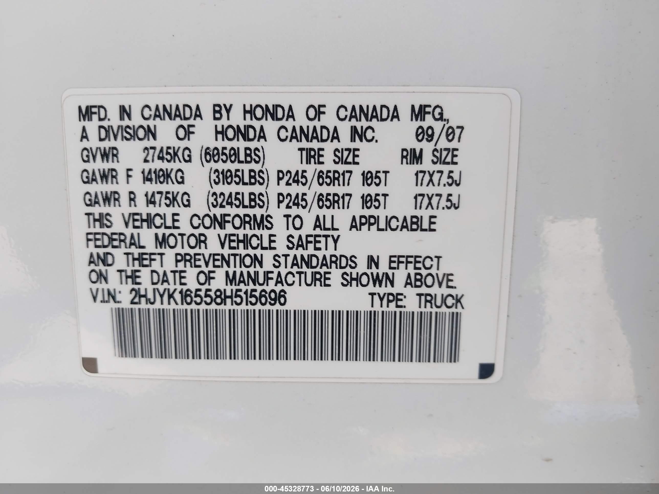 2008 Honda Ridgeline Rtl White vin: 2HJYK16558H515696