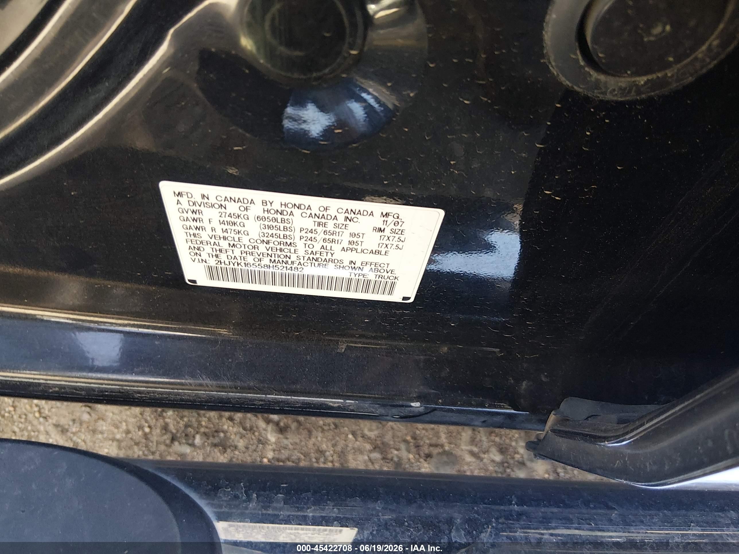 2008 Honda Ridgeline Rtl Черный vin: 2HJYK16558H521482