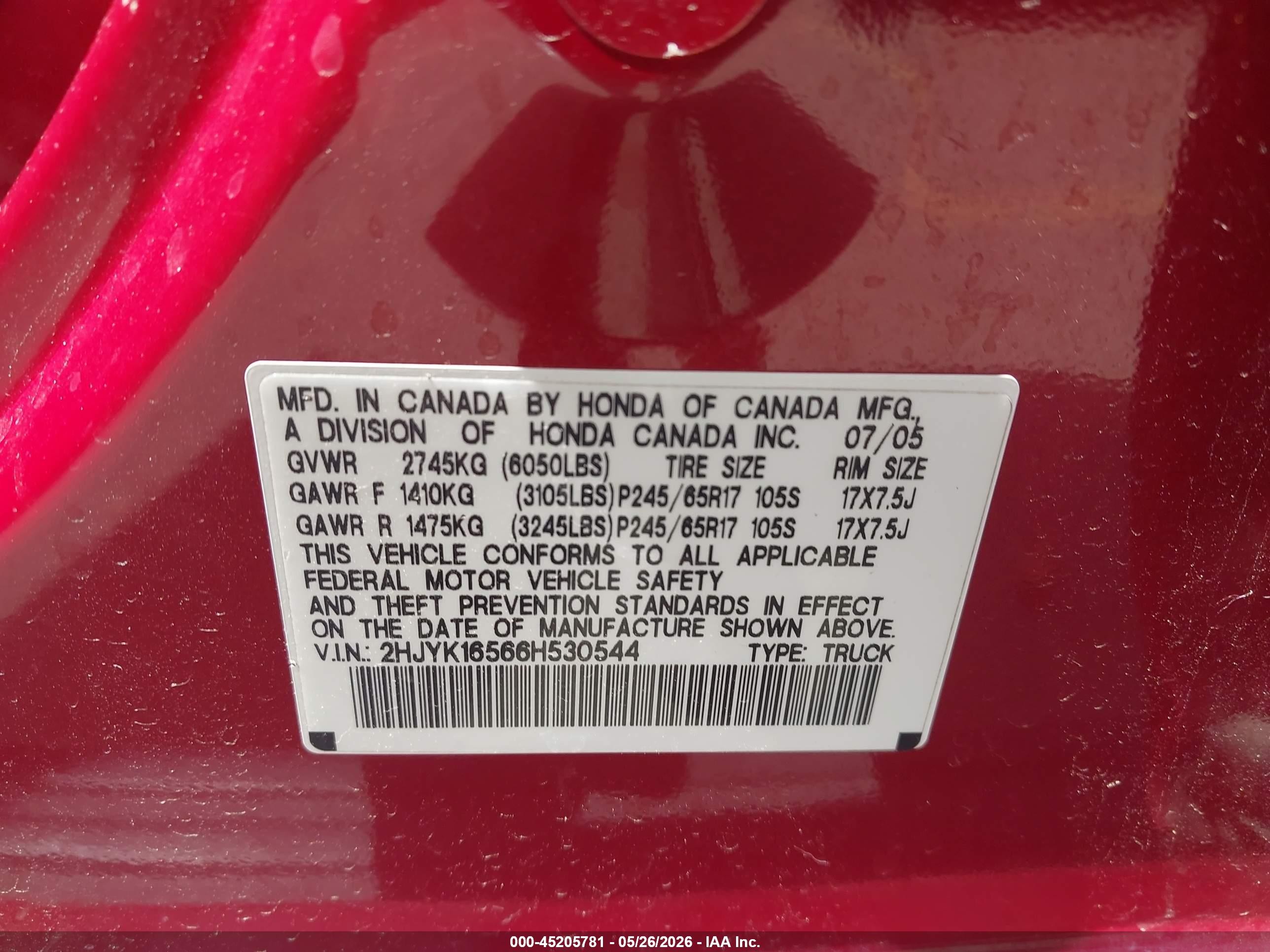 2006 Honda Ridgeline Rtl Red vin: 2HJYK16566H530544