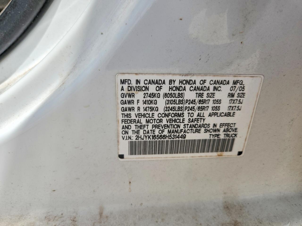2006 Honda Ridgeline Rtl White vin: 2HJYK16566H531449