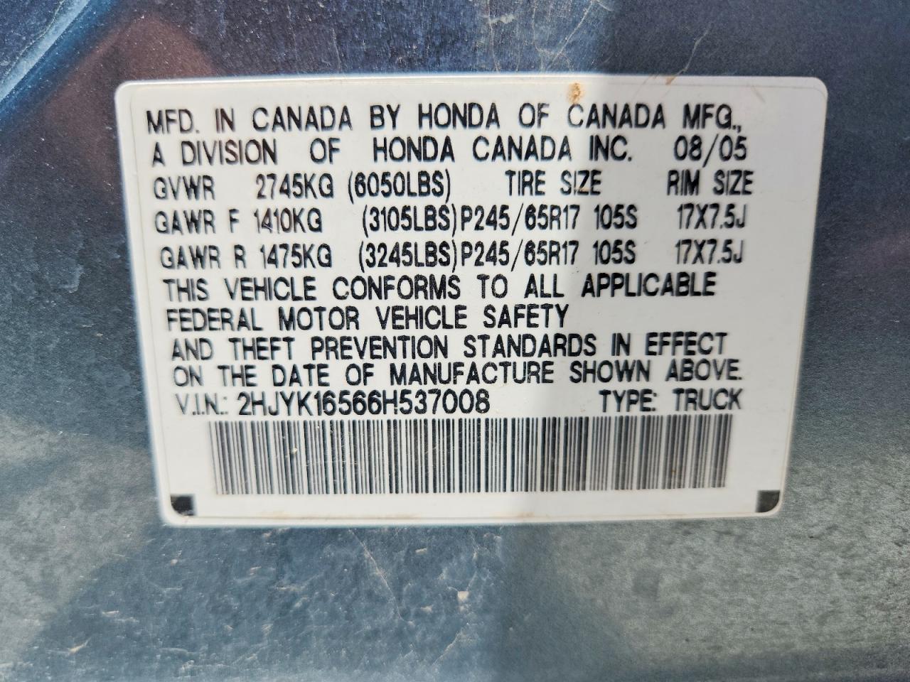 2006 Honda Ridgeline Rtl Blue vin: 2HJYK16566H537008