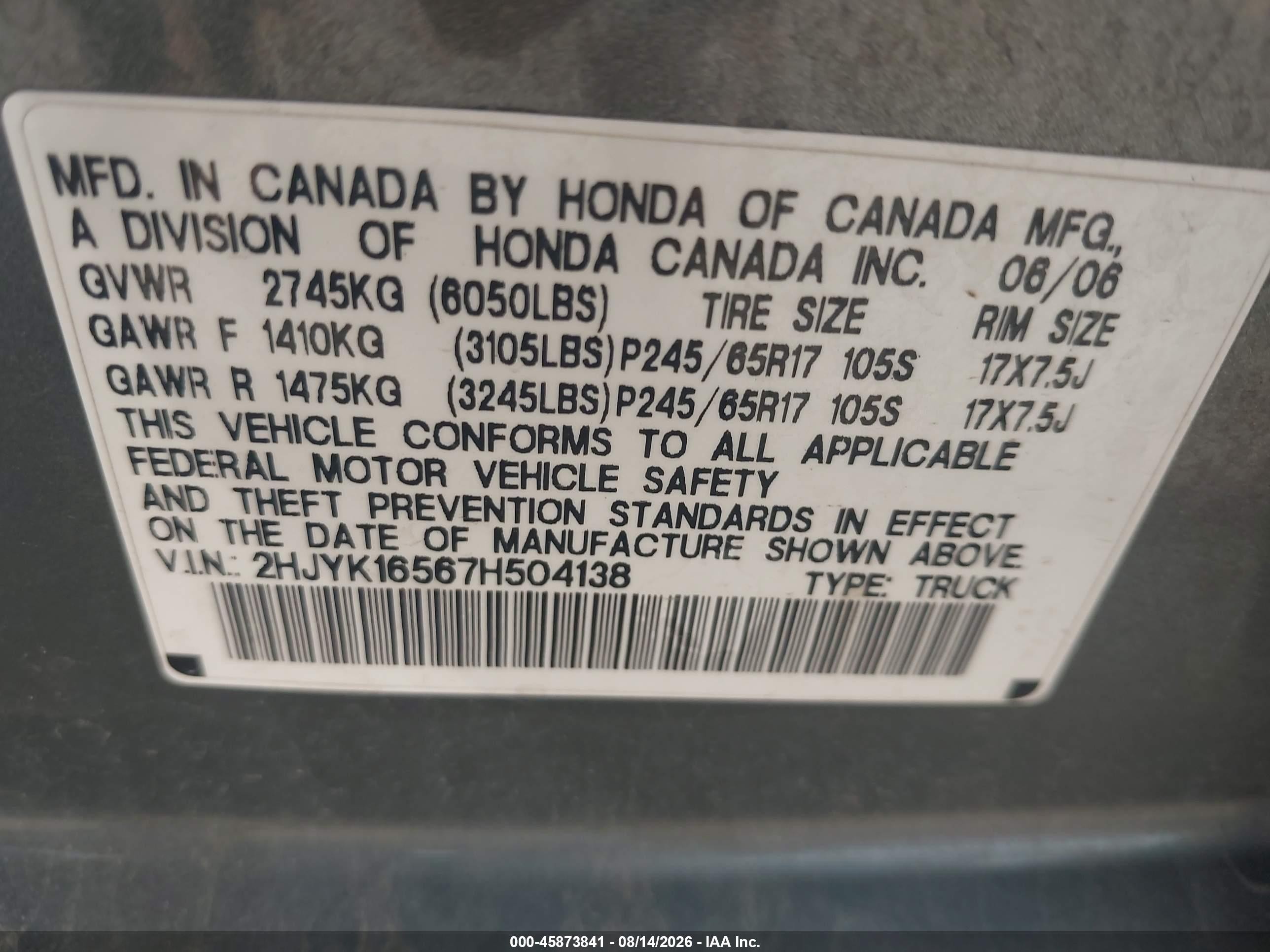 2007 Honda Ridgeline Rtl Gray vin: 2HJYK16567H504138