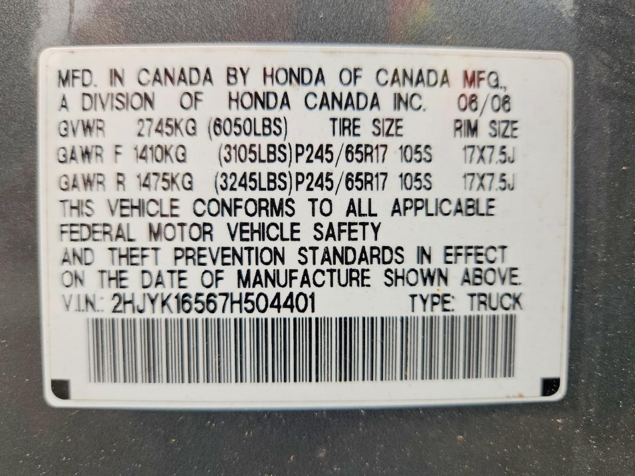 2007 Honda Ridgeline Rtl Gray vin: 2HJYK16567H504401