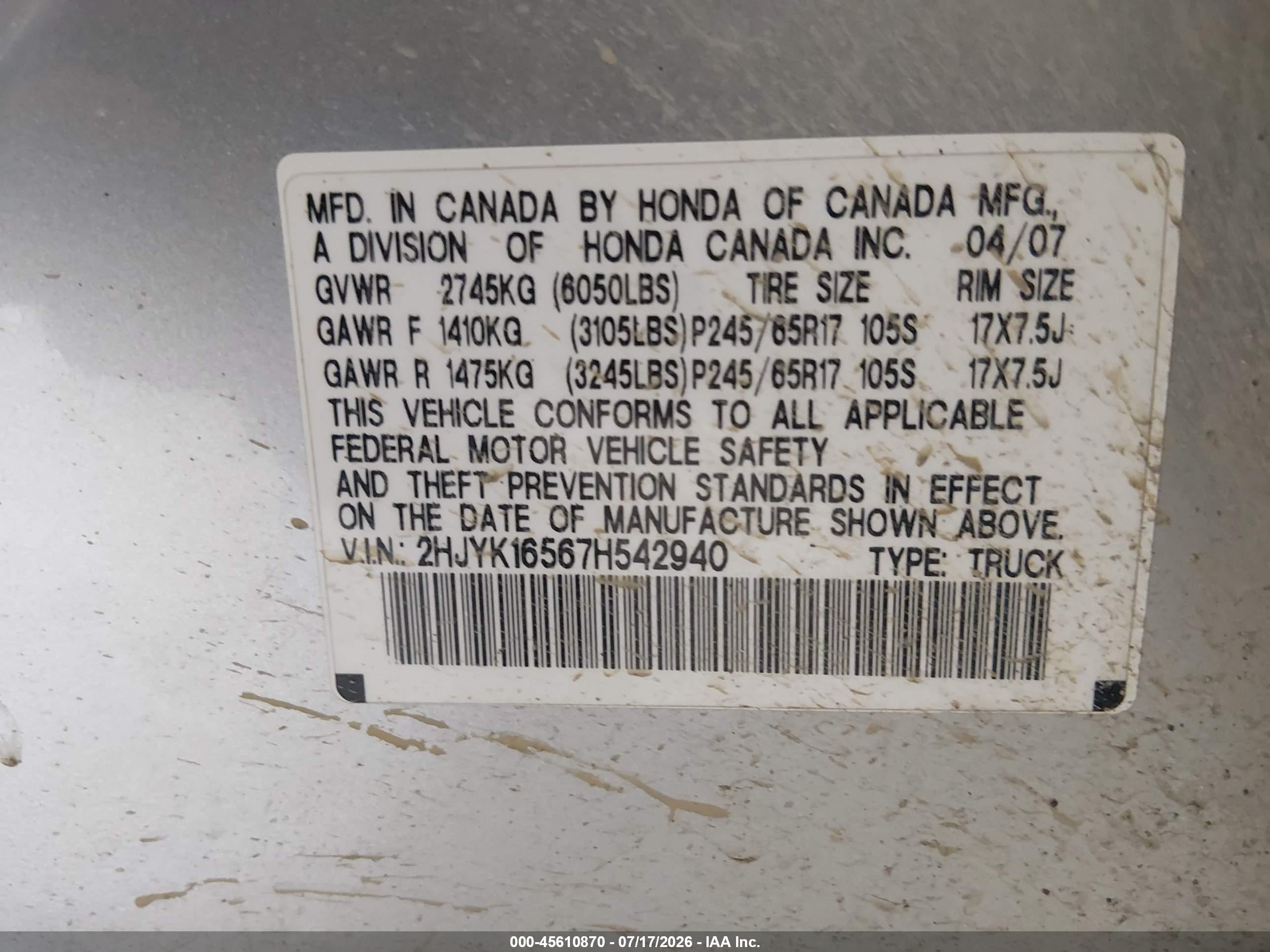 2007 Honda Ridgeline Rtl Silver vin: 2HJYK16567H542940