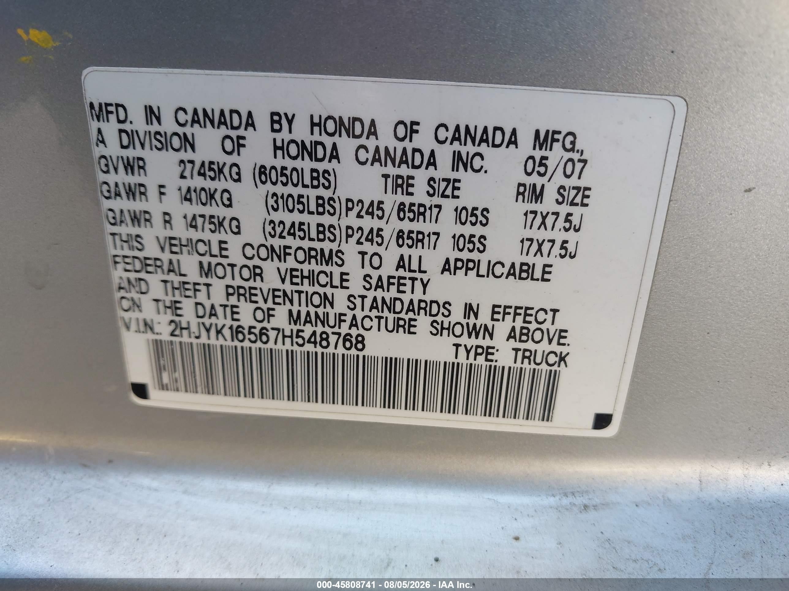 2007 Honda Ridgeline Rtl Silver vin: 2HJYK16567H548768