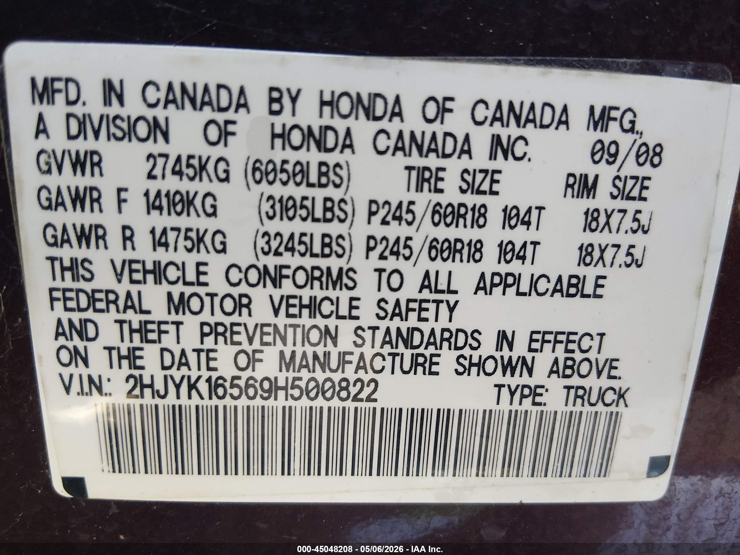 2009 Honda Ridgeline Rtl Burgundy vin: 2HJYK16569H500822