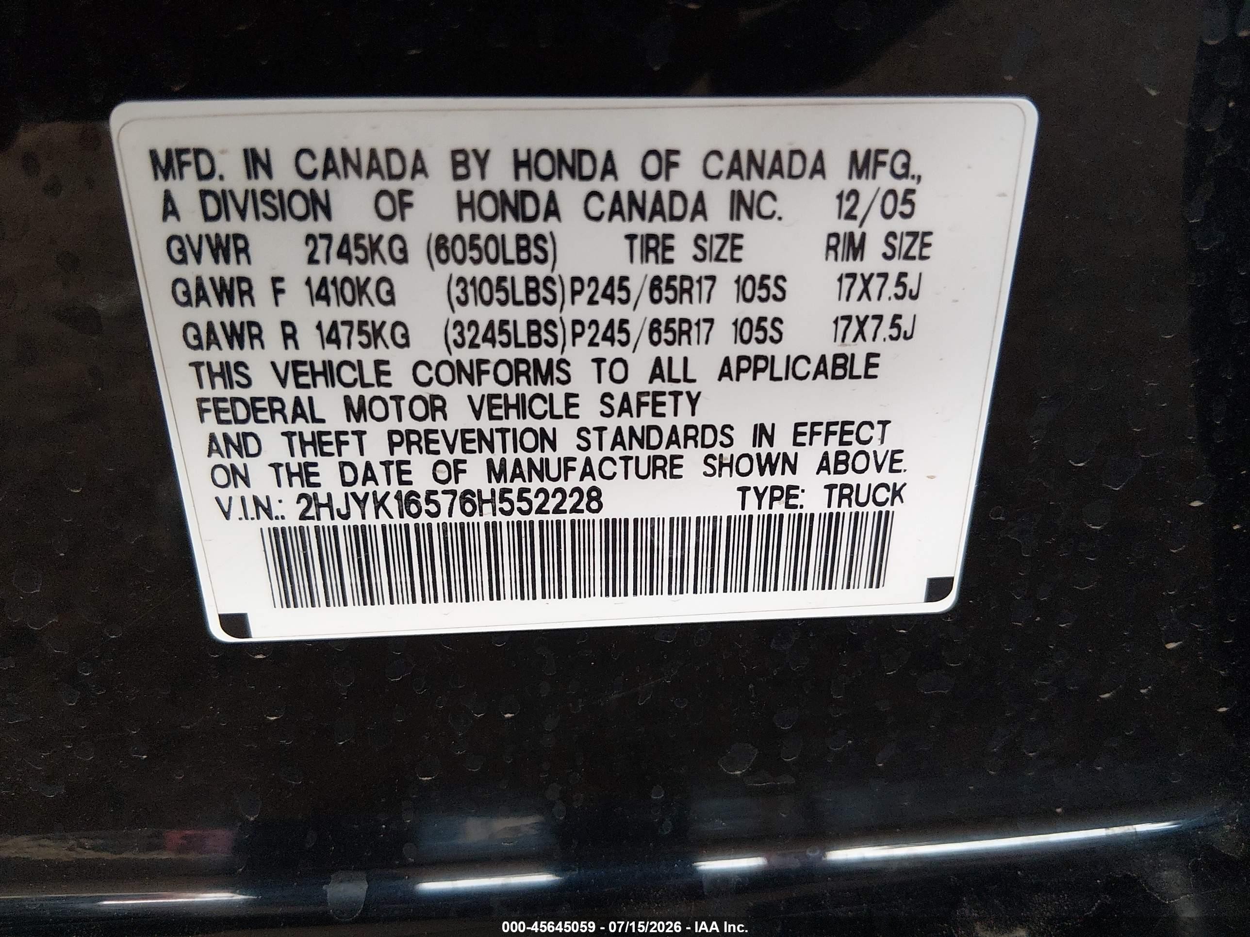 2006 Honda Ridgeline Rtl Black vin: 2HJYK16576H552228