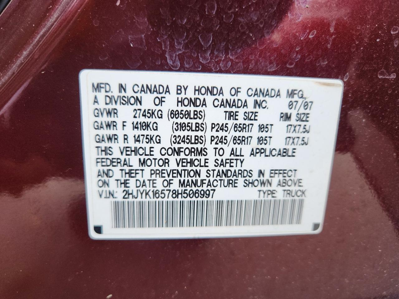 2008 Honda Ridgeline Rtl Burgundy vin: 2HJYK16578H506997