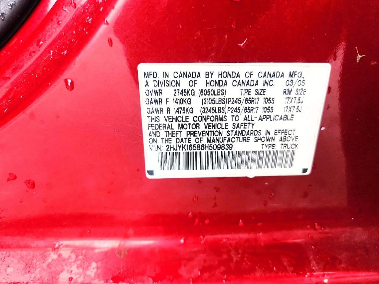 2006 Honda Ridgeline Rtl Burgundy vin: 2HJYK16586H509839