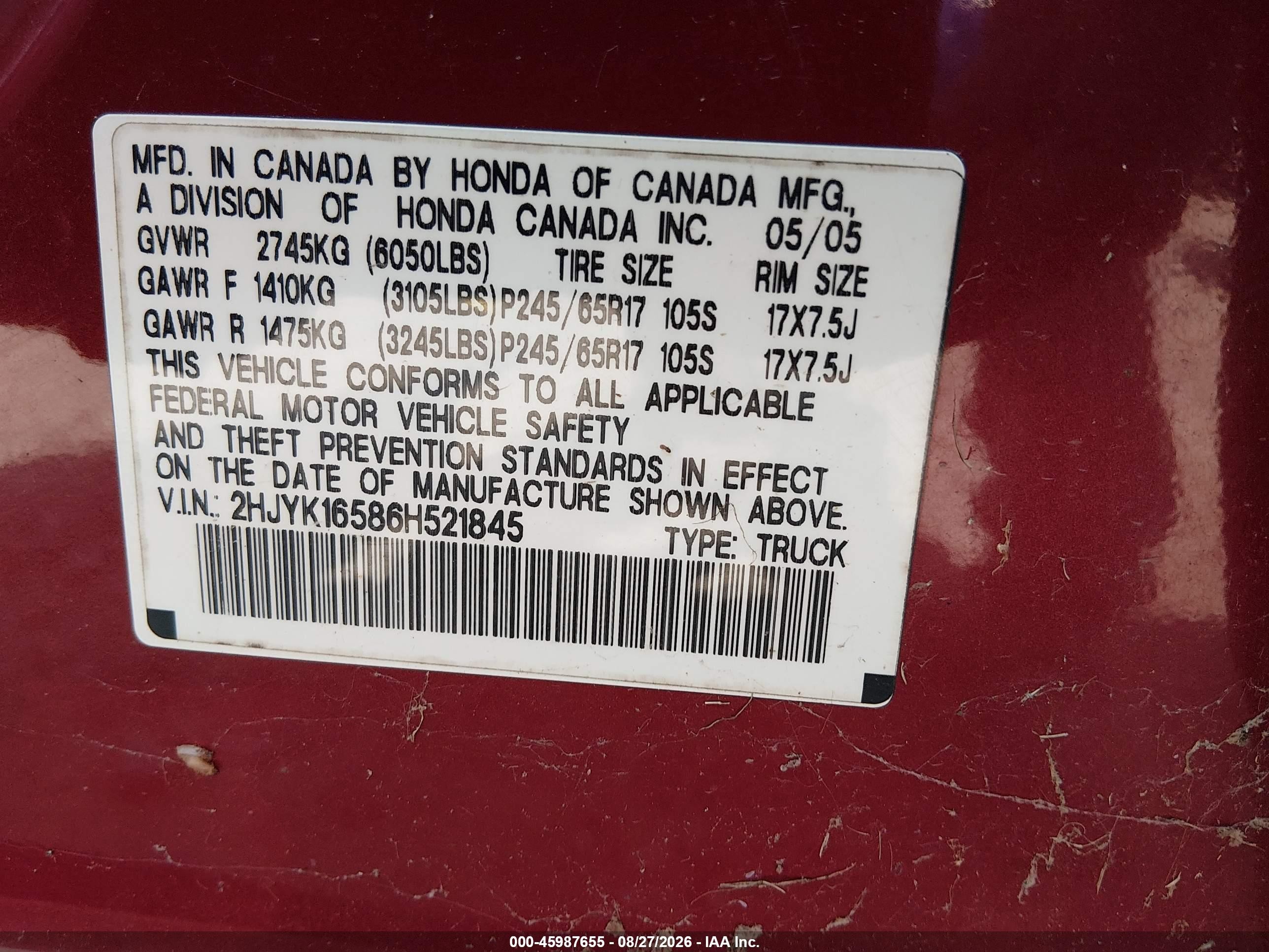 2006 Honda Ridgeline Rtl Maroon vin: 2HJYK16586H521845
