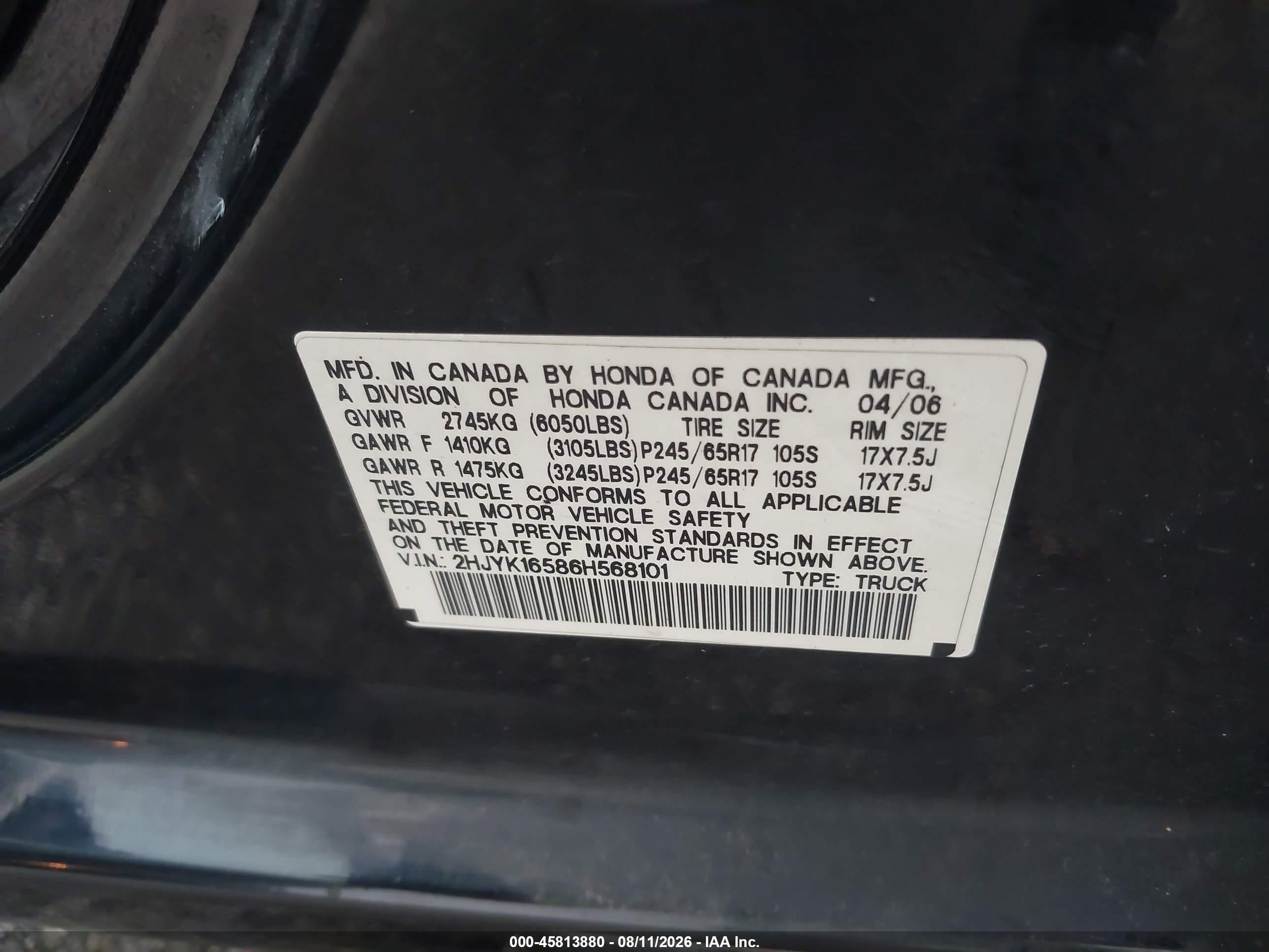 2006 Honda Ridgeline Rtl Черный vin: 2HJYK16586H568101