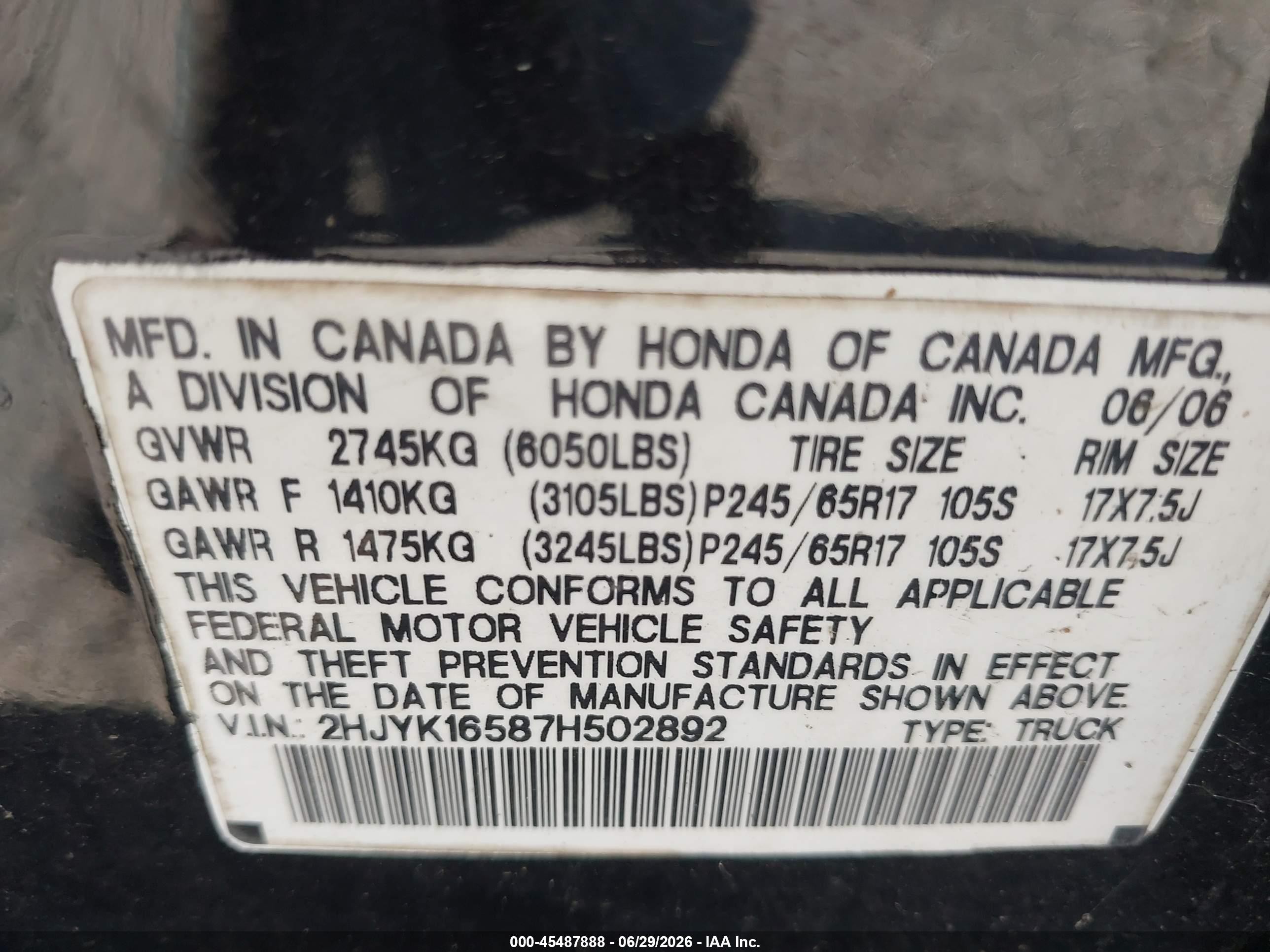 2007 Honda Ridgeline Rtl Black vin: 2HJYK16587H502892
