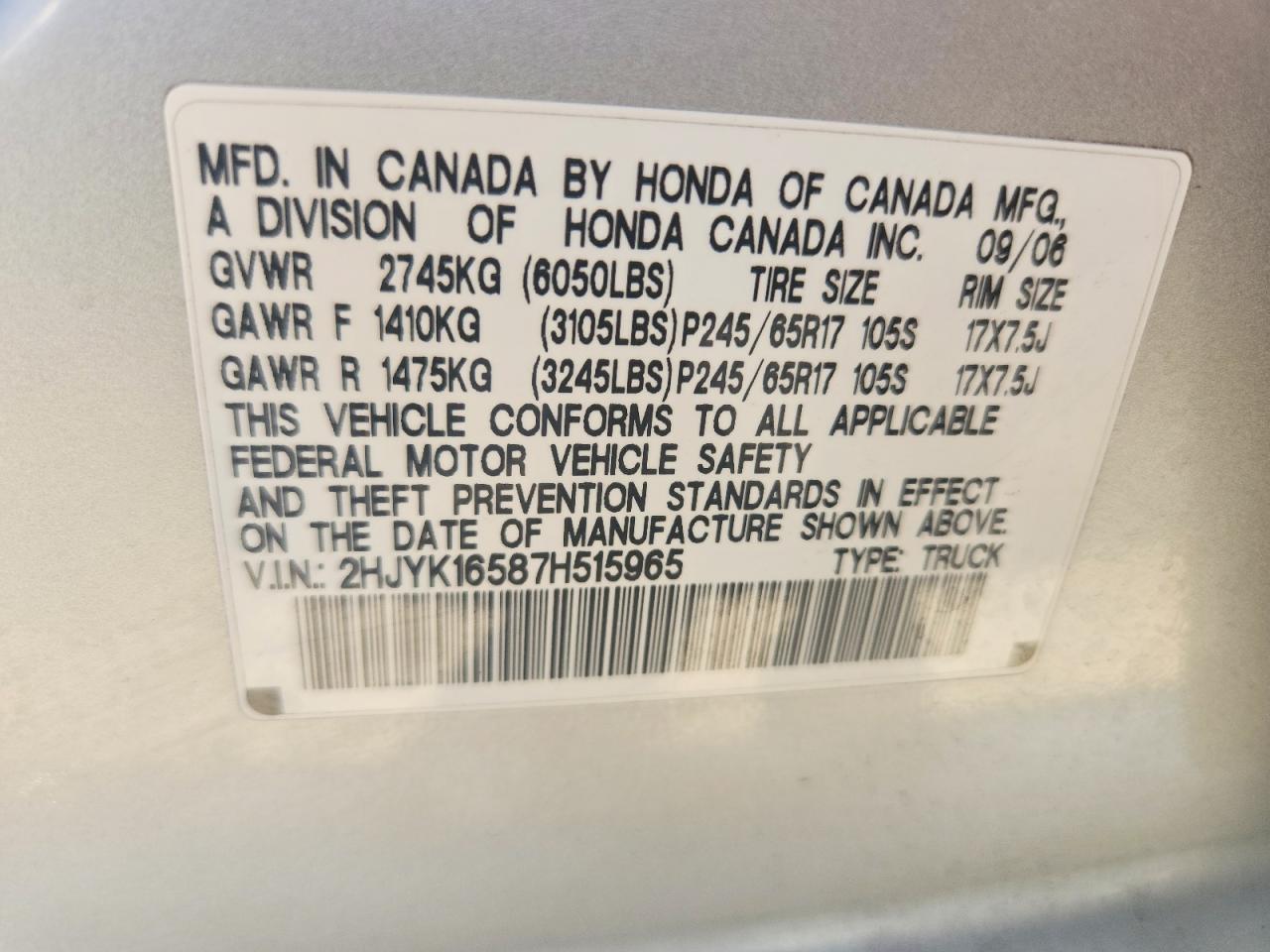 2007 Honda Ridgeline Rtl Серебряный vin: 2HJYK16587H515965