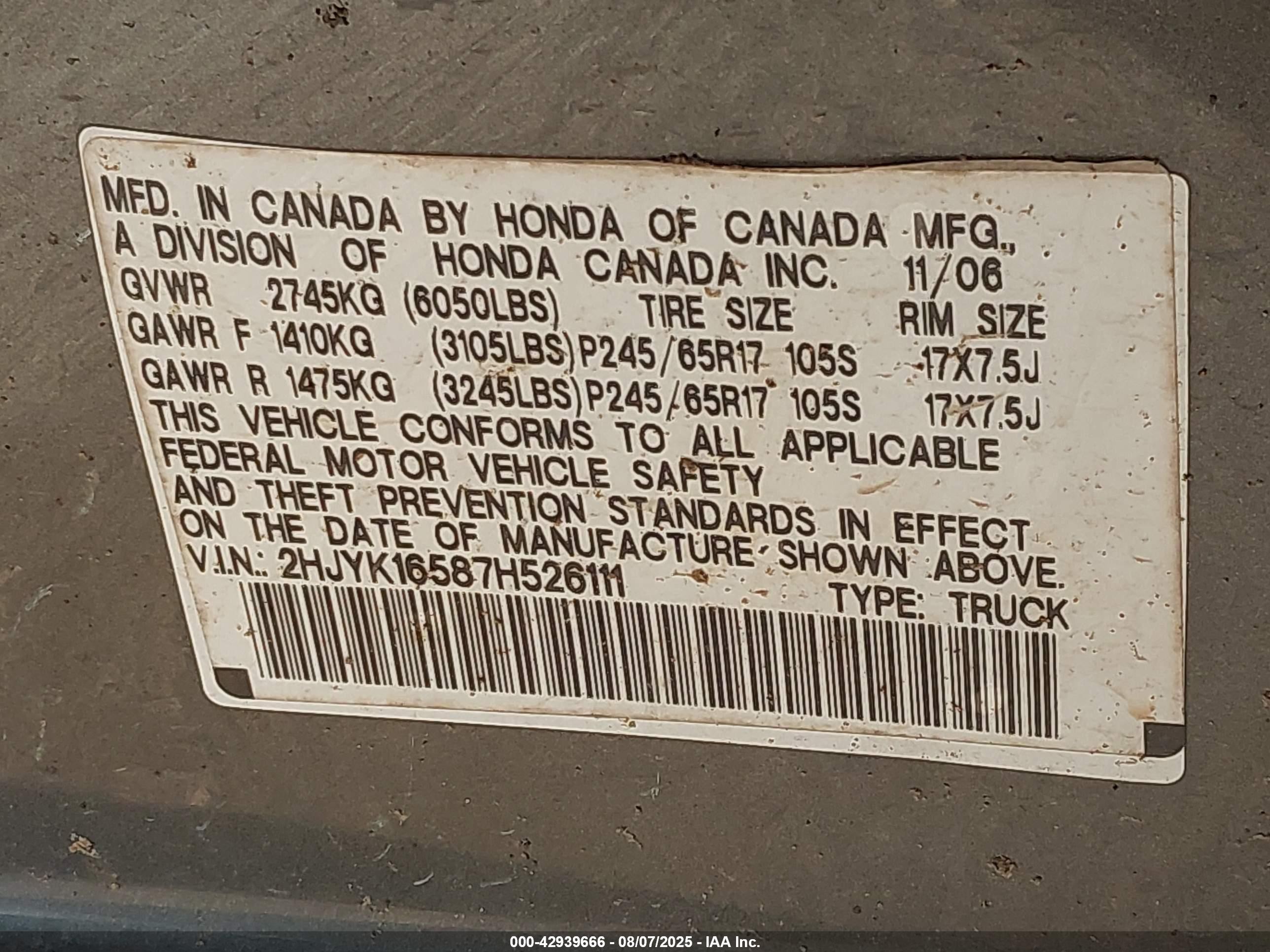 2007 Honda Ridgeline Rtl Gray vin: 2HJYK16587H526111