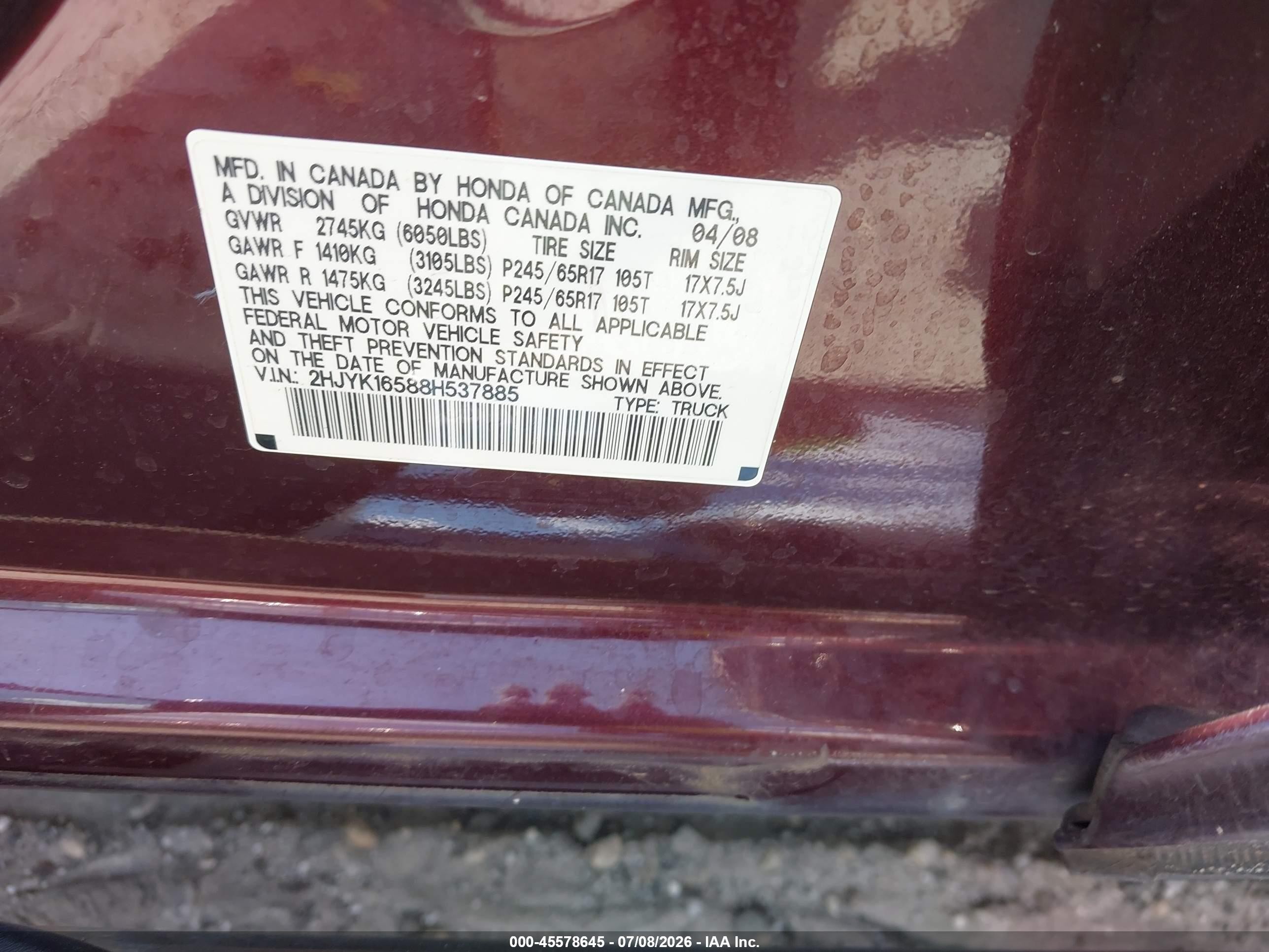 2008 Honda Ridgeline Rtl Burgundy vin: 2HJYK16588H537885