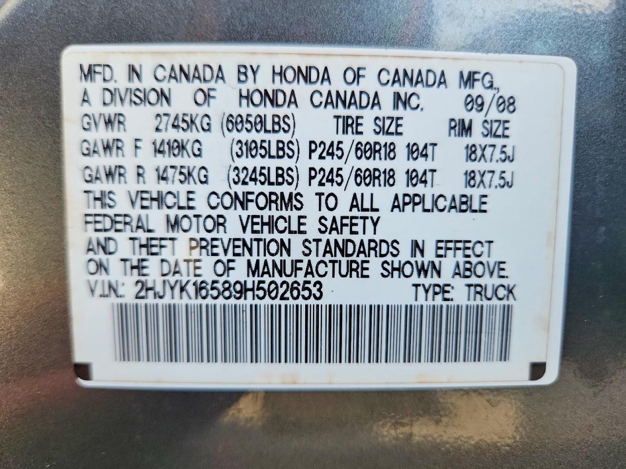 2009 Honda Ridgeline Rtl Gray vin: 2HJYK16589H502653