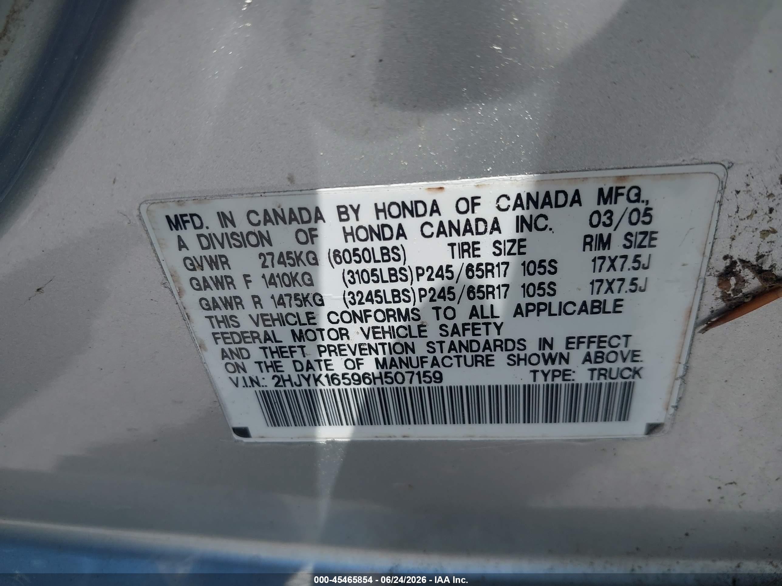 2006 Honda Ridgeline Rtl Gray vin: 2HJYK16596H507159