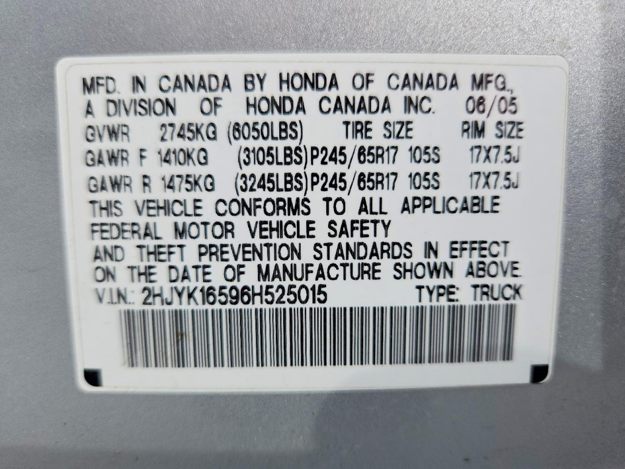 2006 Honda Ridgeline Rtl Silver vin: 2HJYK16596H525015