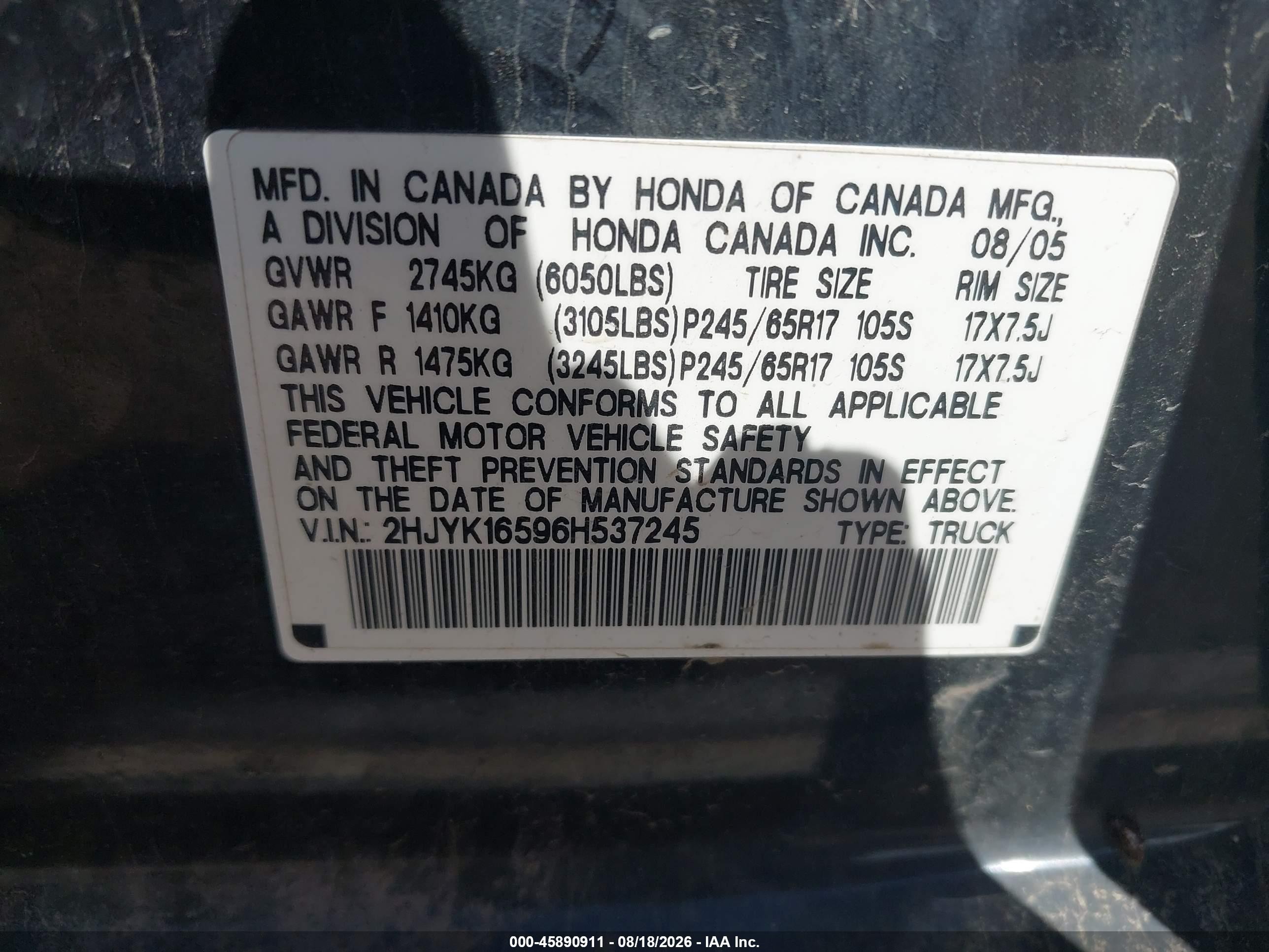 2006 Honda Ridgeline Rtl Black vin: 2HJYK16596H537245