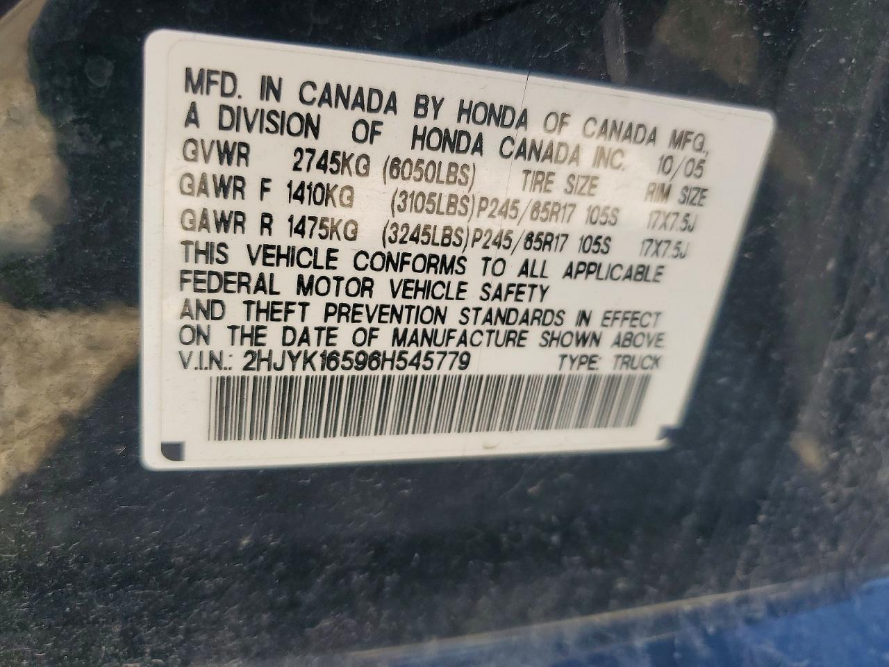 2006 Honda Ridgeline Rtl Black vin: 2HJYK16596H545779
