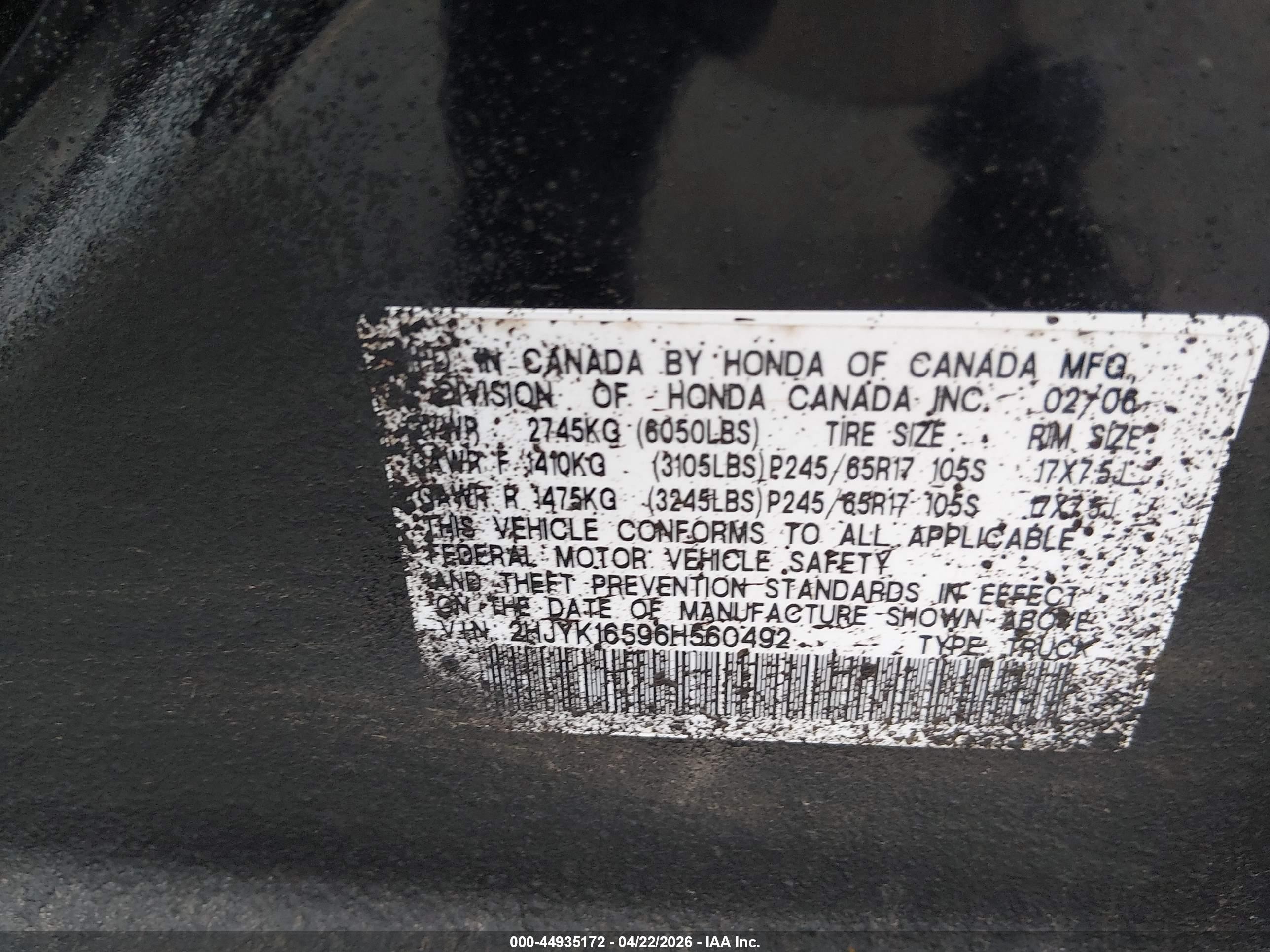 2006 Honda Ridgeline Rtl Black vin: 2HJYK16596H560492