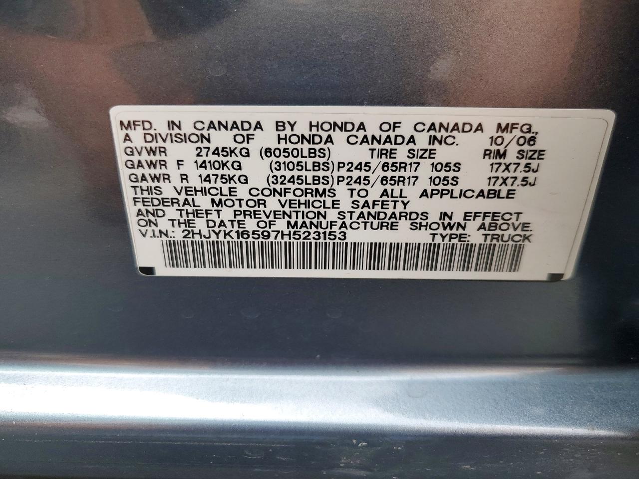 2007 Honda Ridgeline Rtl Teal vin: 2HJYK16597H523153