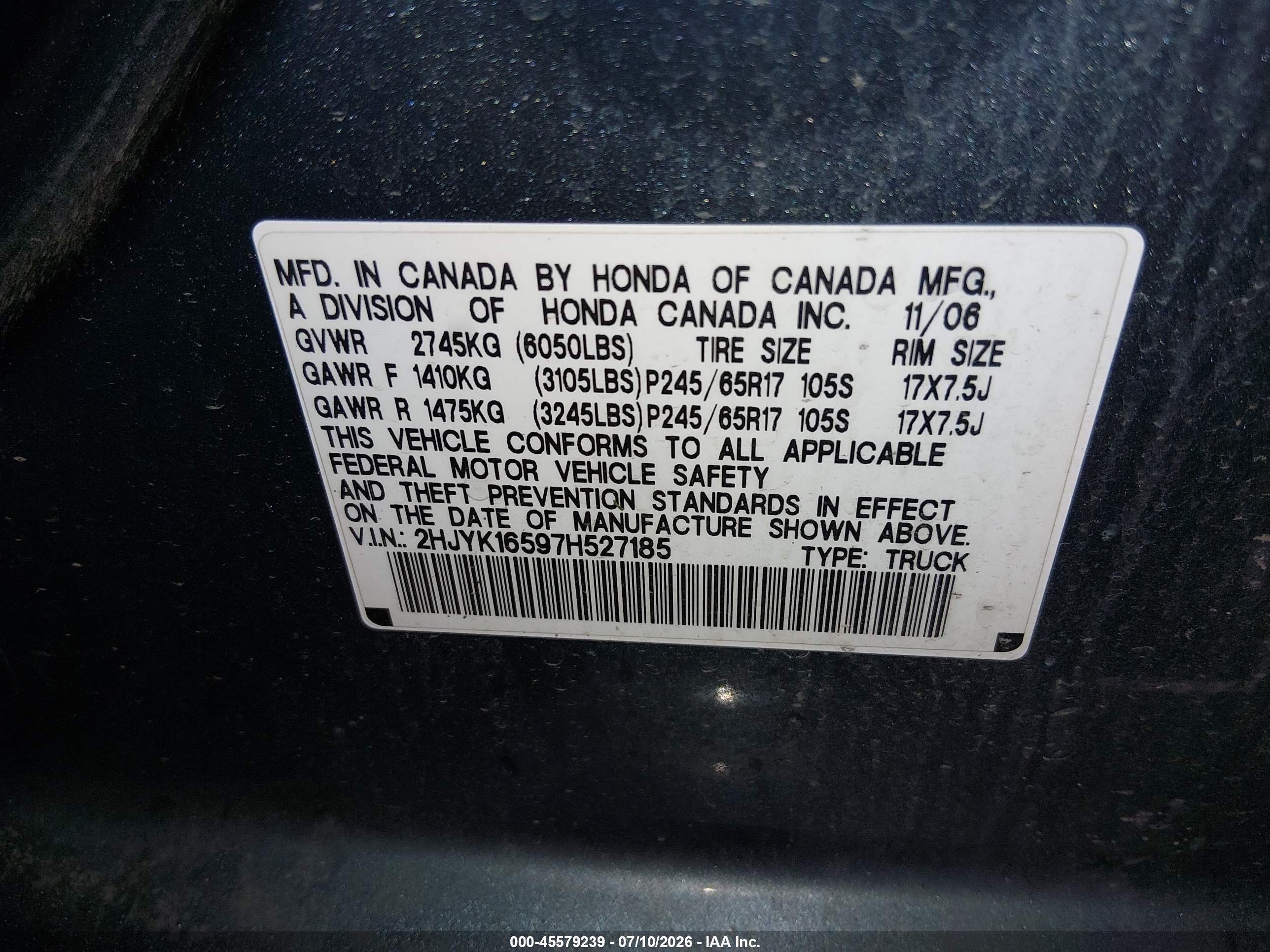2007 Honda Ridgeline Rtl Blue vin: 2HJYK16597H527185