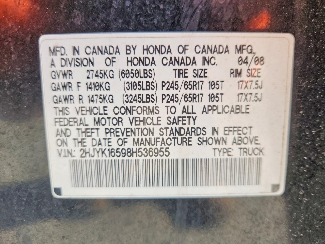 2008 Honda Ridgeline Rtl Black vin: 2HJYK16598H536955