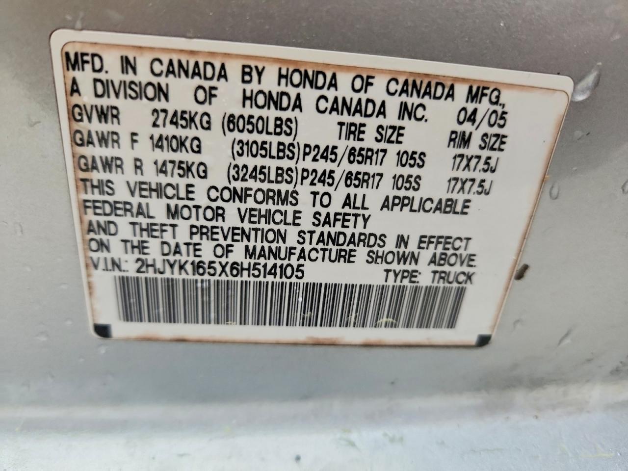 2006 Honda Ridgeline Rtl Silver vin: 2HJYK165X6H514105
