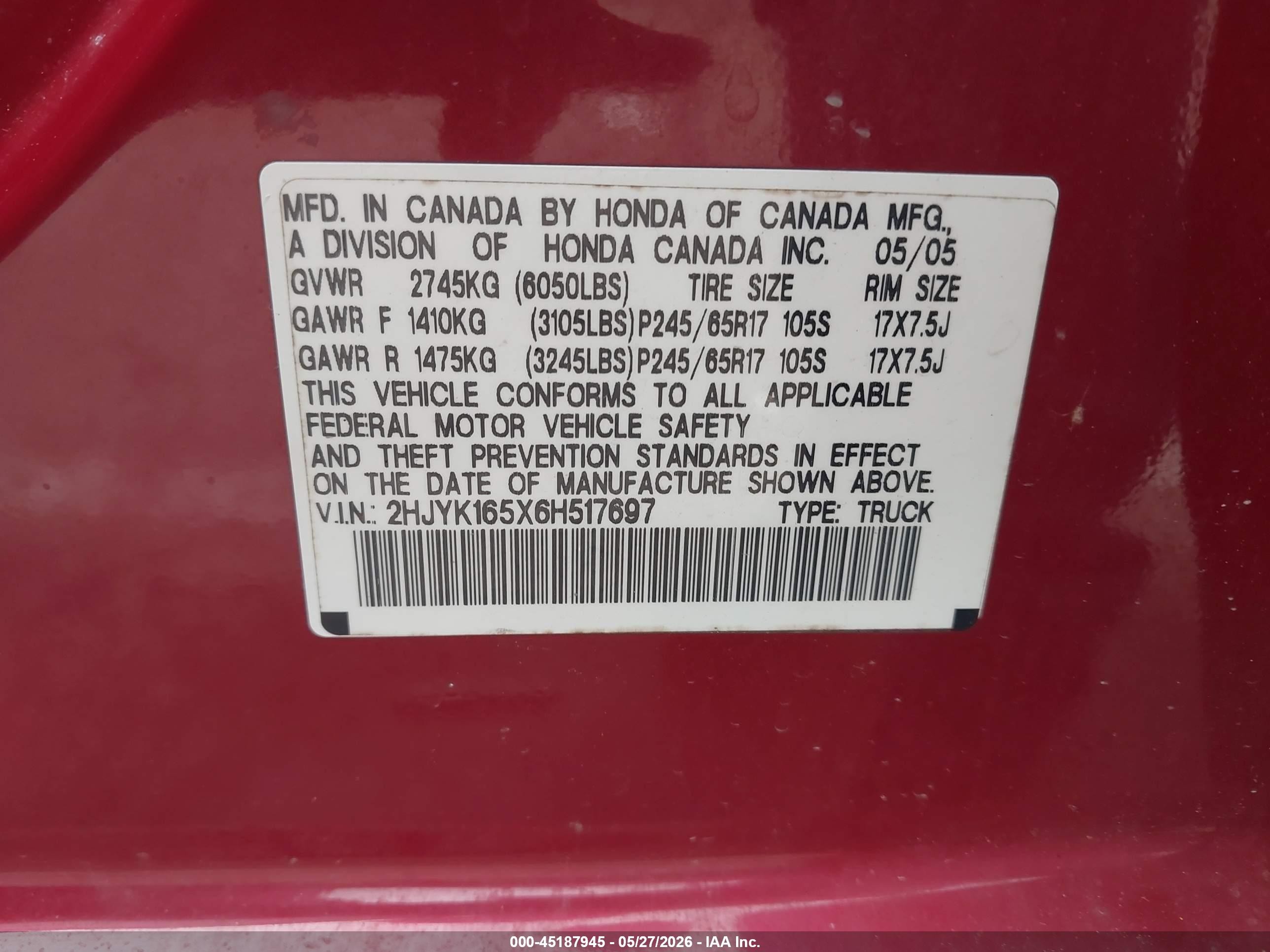 2006 Honda Ridgeline Rtl Красный vin: 2HJYK165X6H517697